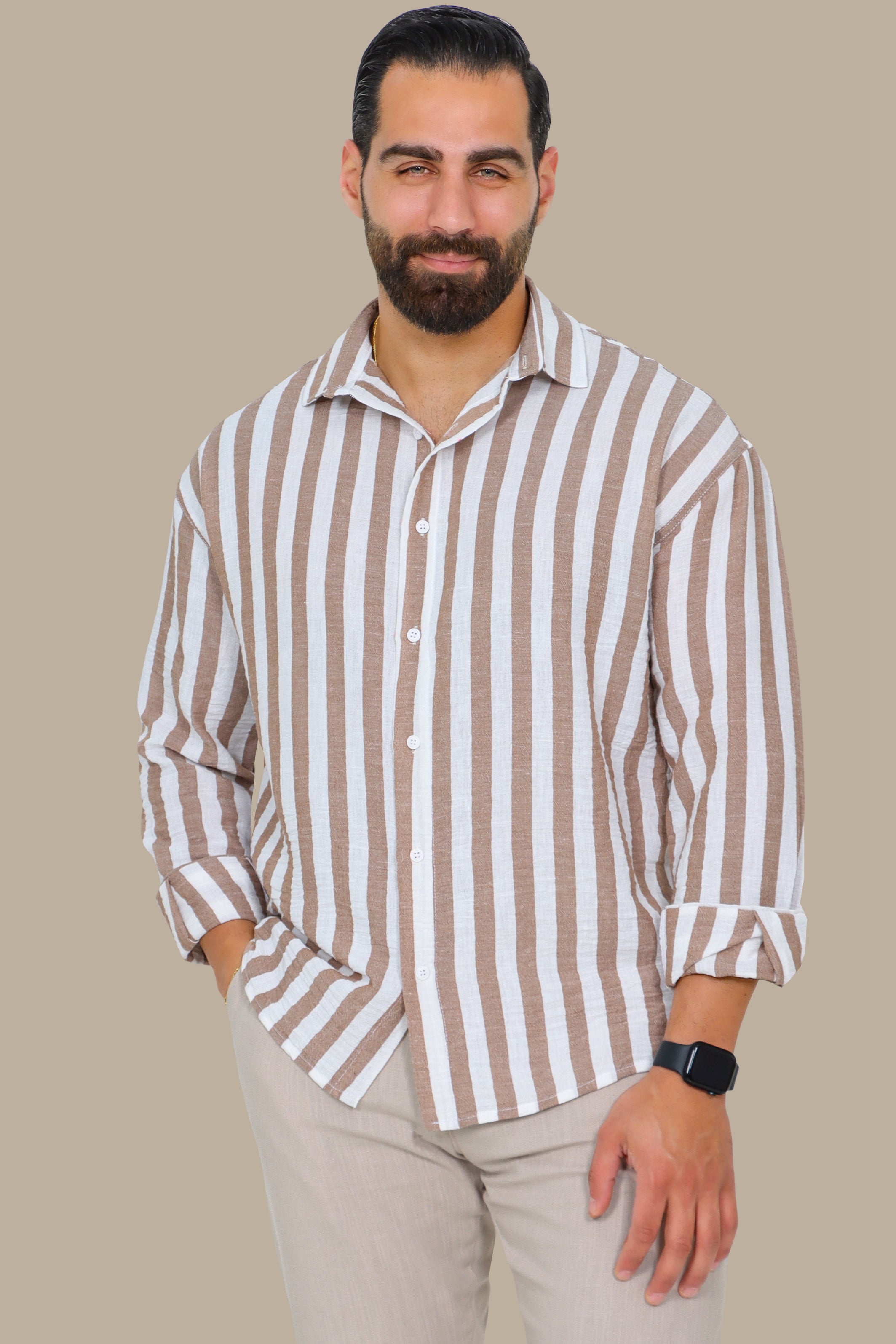 Brown Striped Linen Shirt with Long Sleeves
