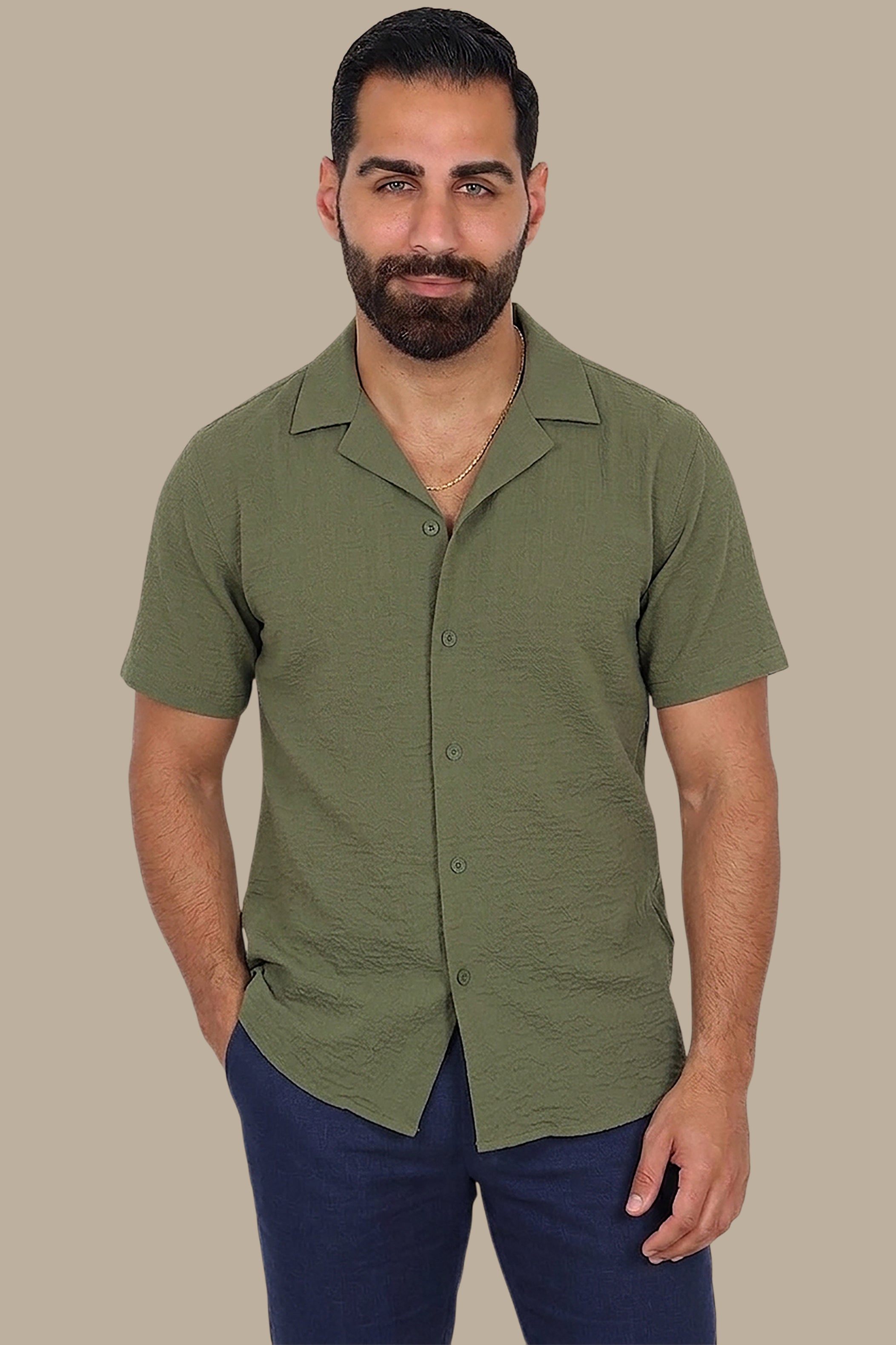 Effortless Comfort: Short-Sleeve Linen Aerobin Shirt in Green