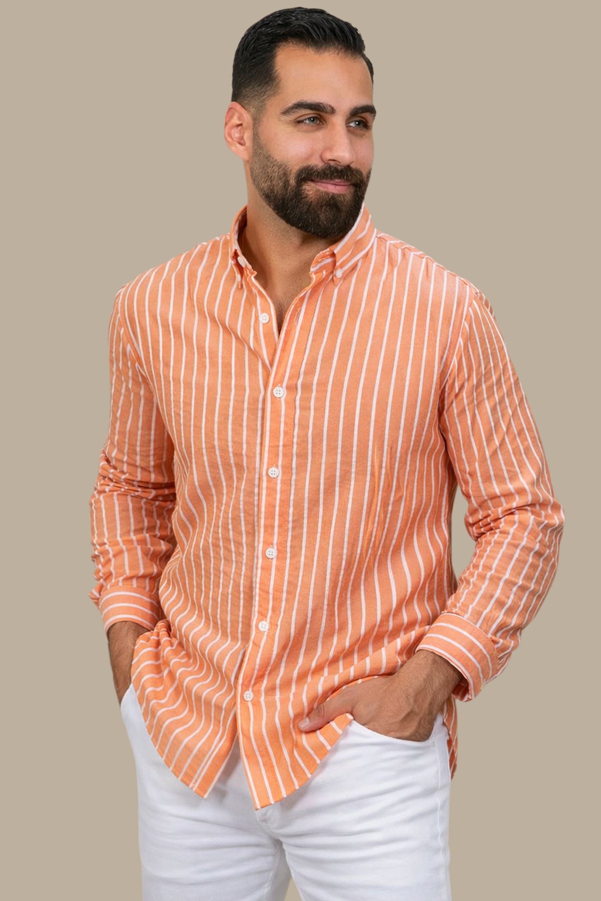 Orange Striped Linen Long Sleeve Shirt