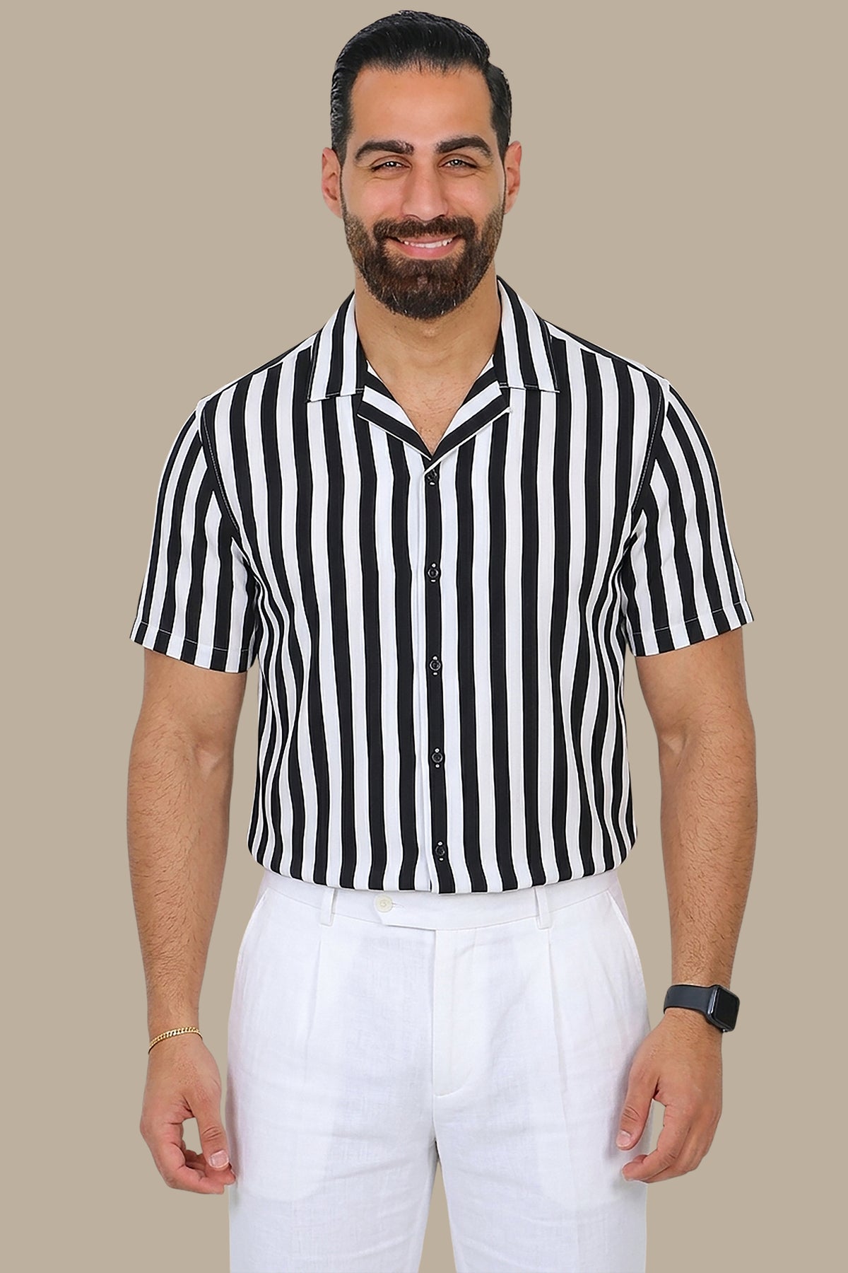 Striking Contrast: Black &amp; White Striped Short-Sleeve Shirt