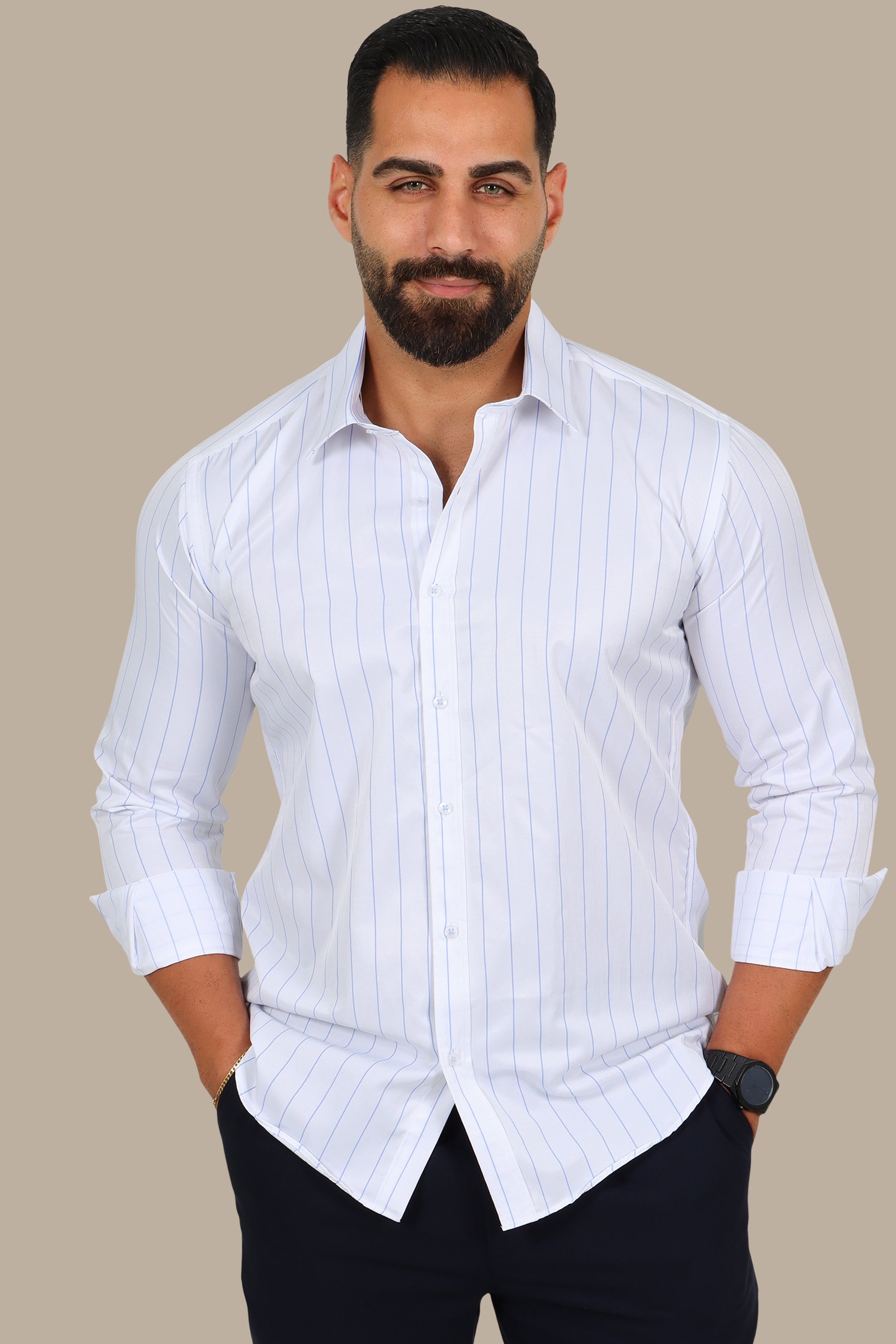 White Shirt – Light Blue Thin Stripes