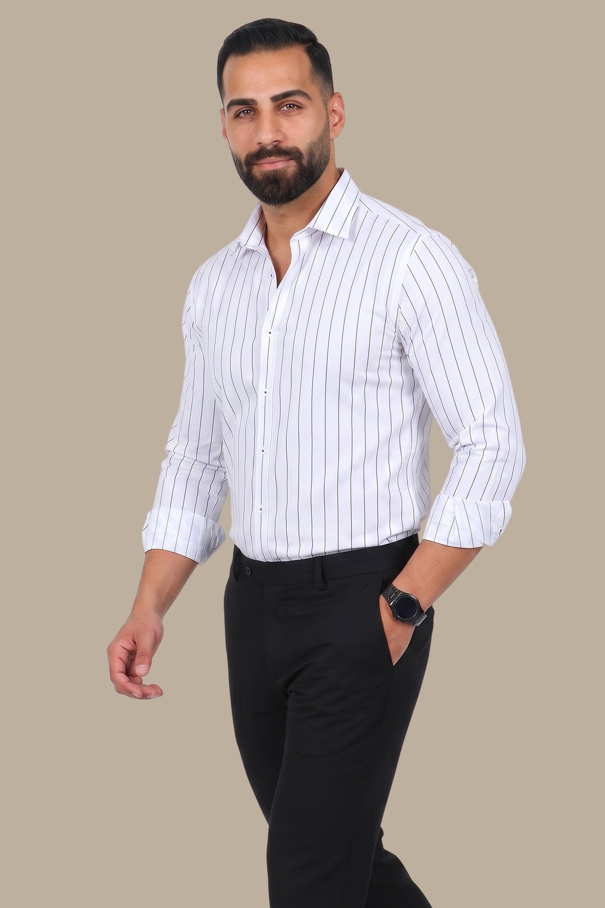 White Shirt with Navy Thin Stripes