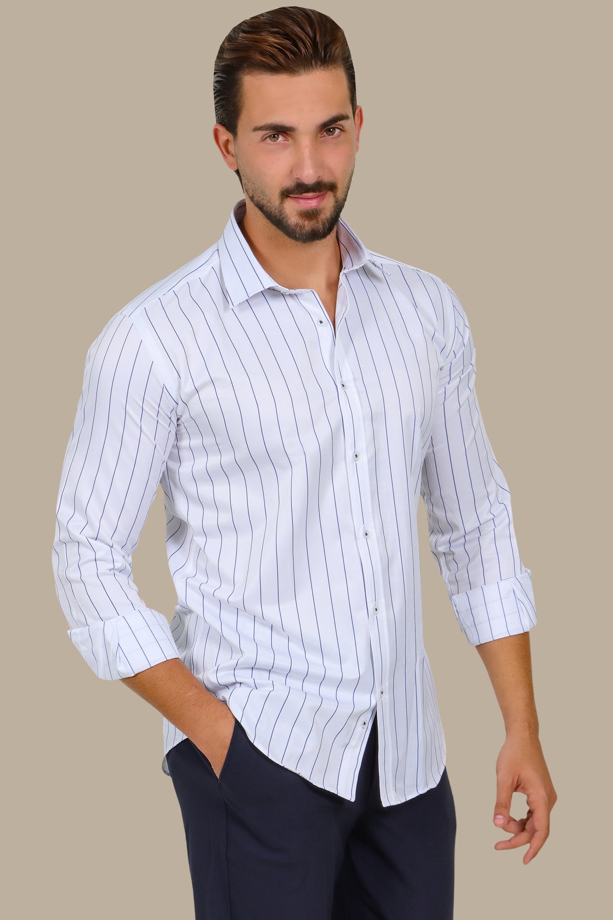 White Shirt with Navy Thin Stripes