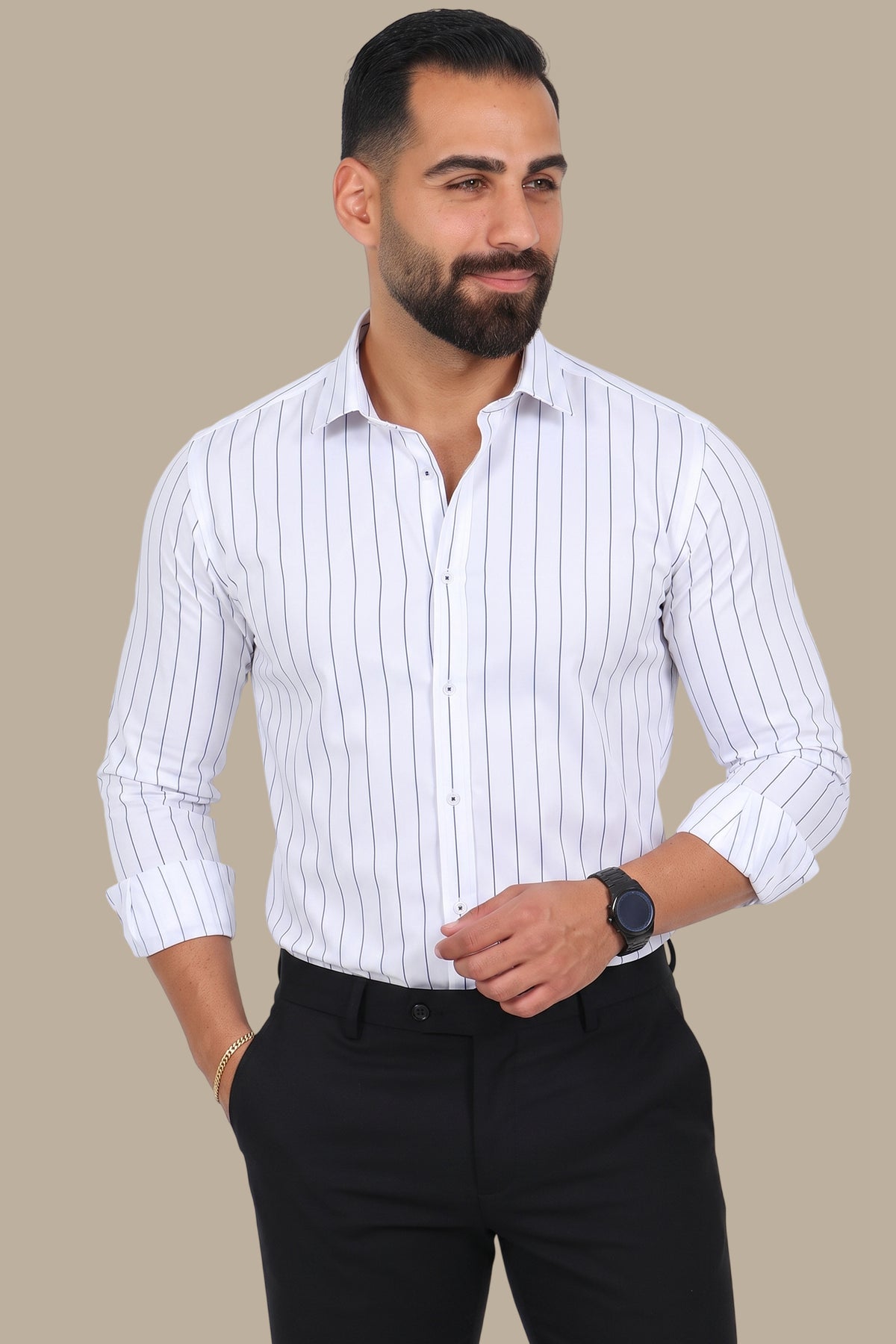 White Shirt with Navy Thin Stripes