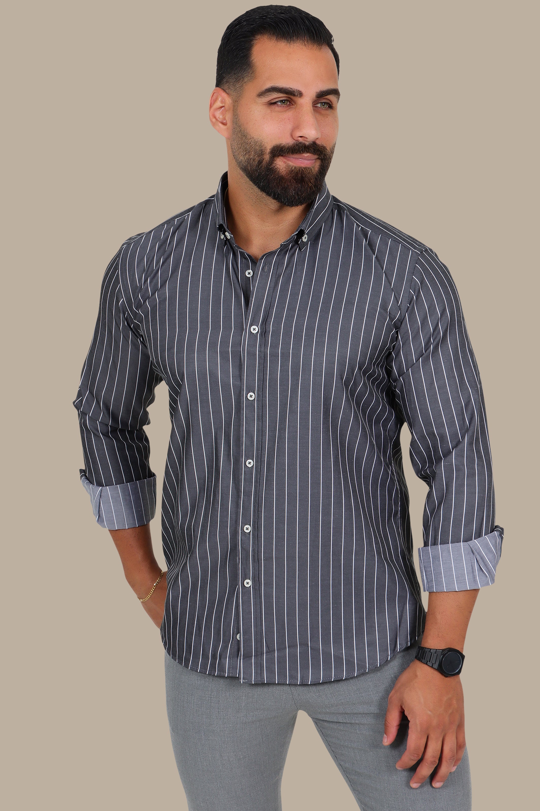 Dark Grey Thin-Striped Button-Down Shirt