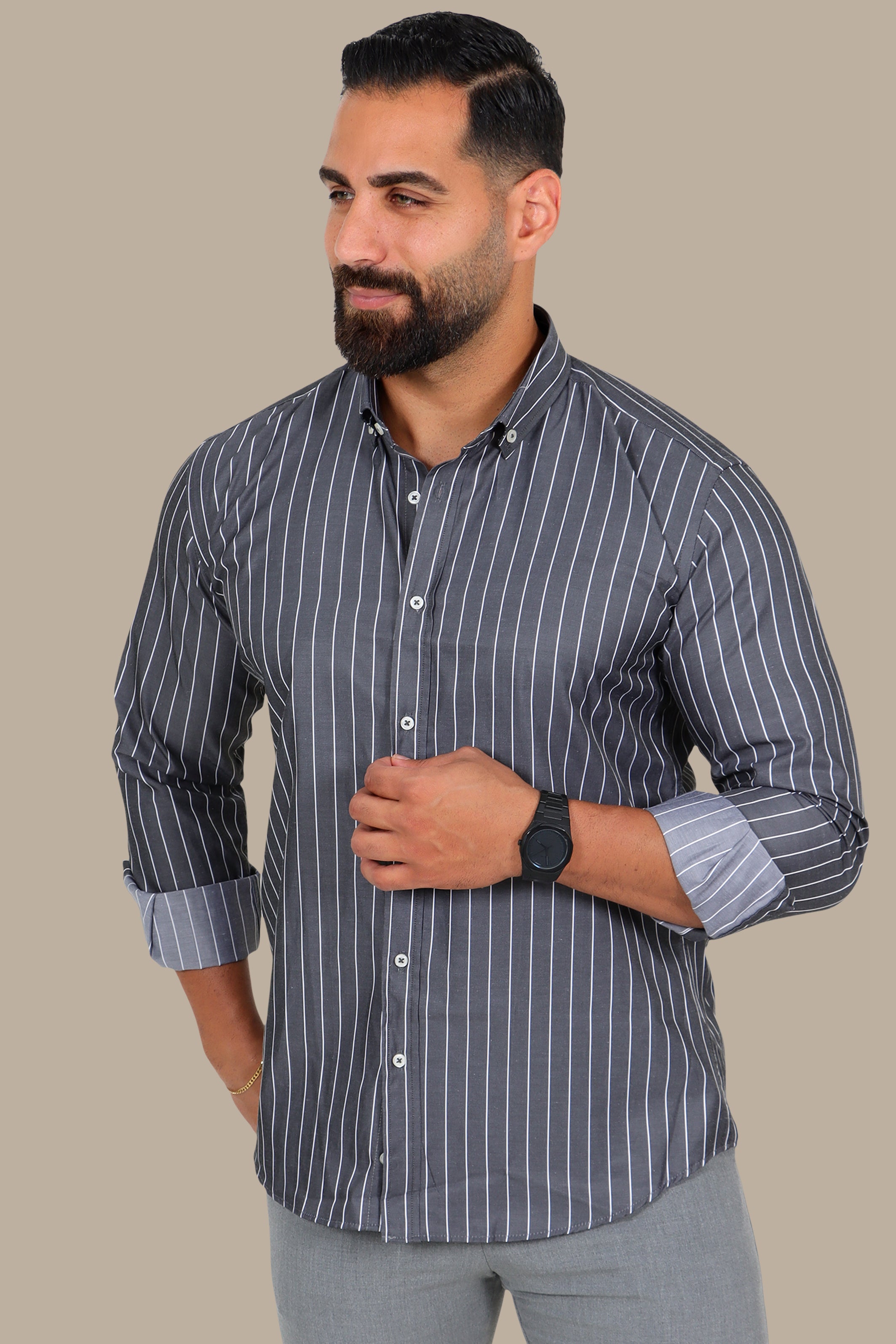 Dark Grey Thin-Striped Button-Down Shirt