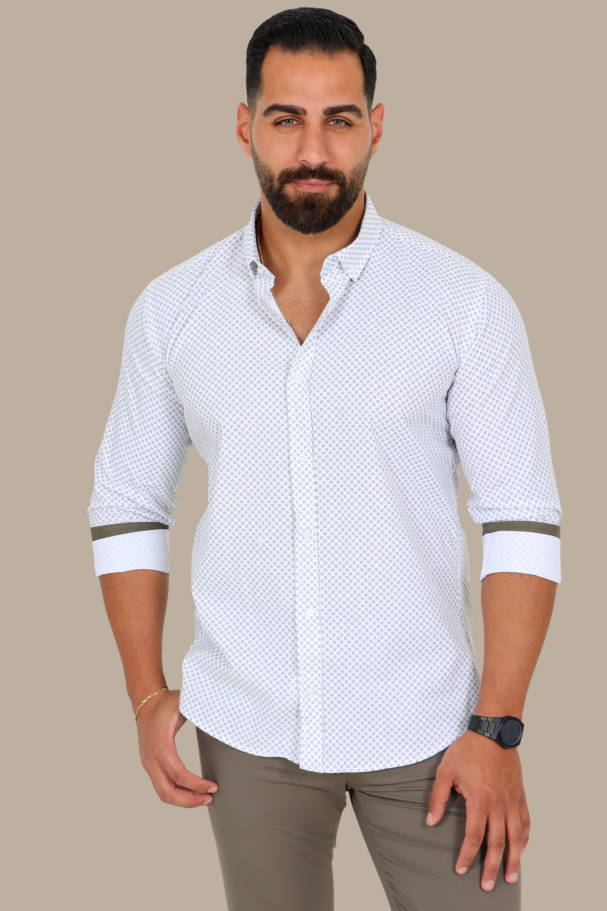 White Shirt with Olive Floral Circles