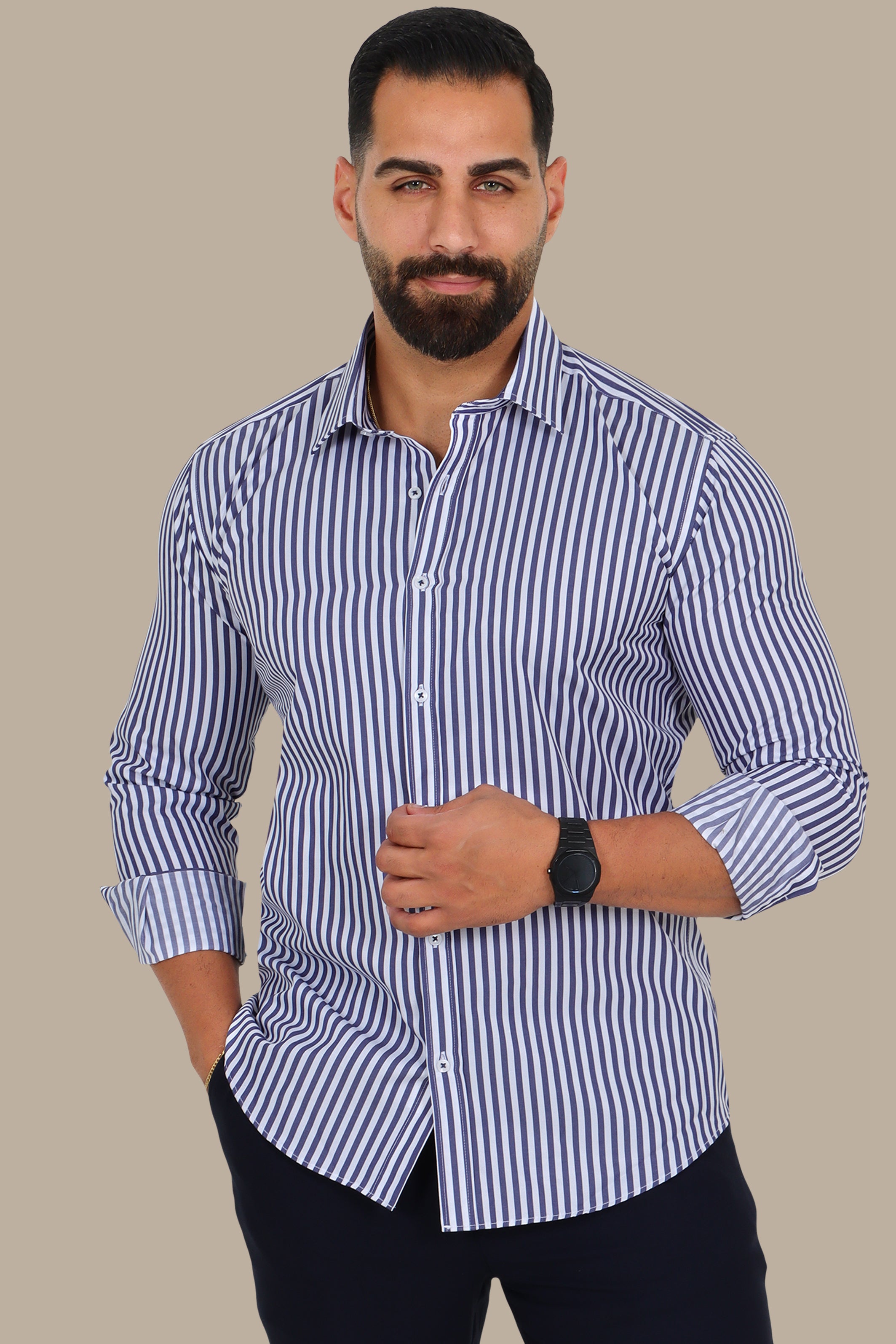 Navy Shirt – Medium Classic Pinstripes