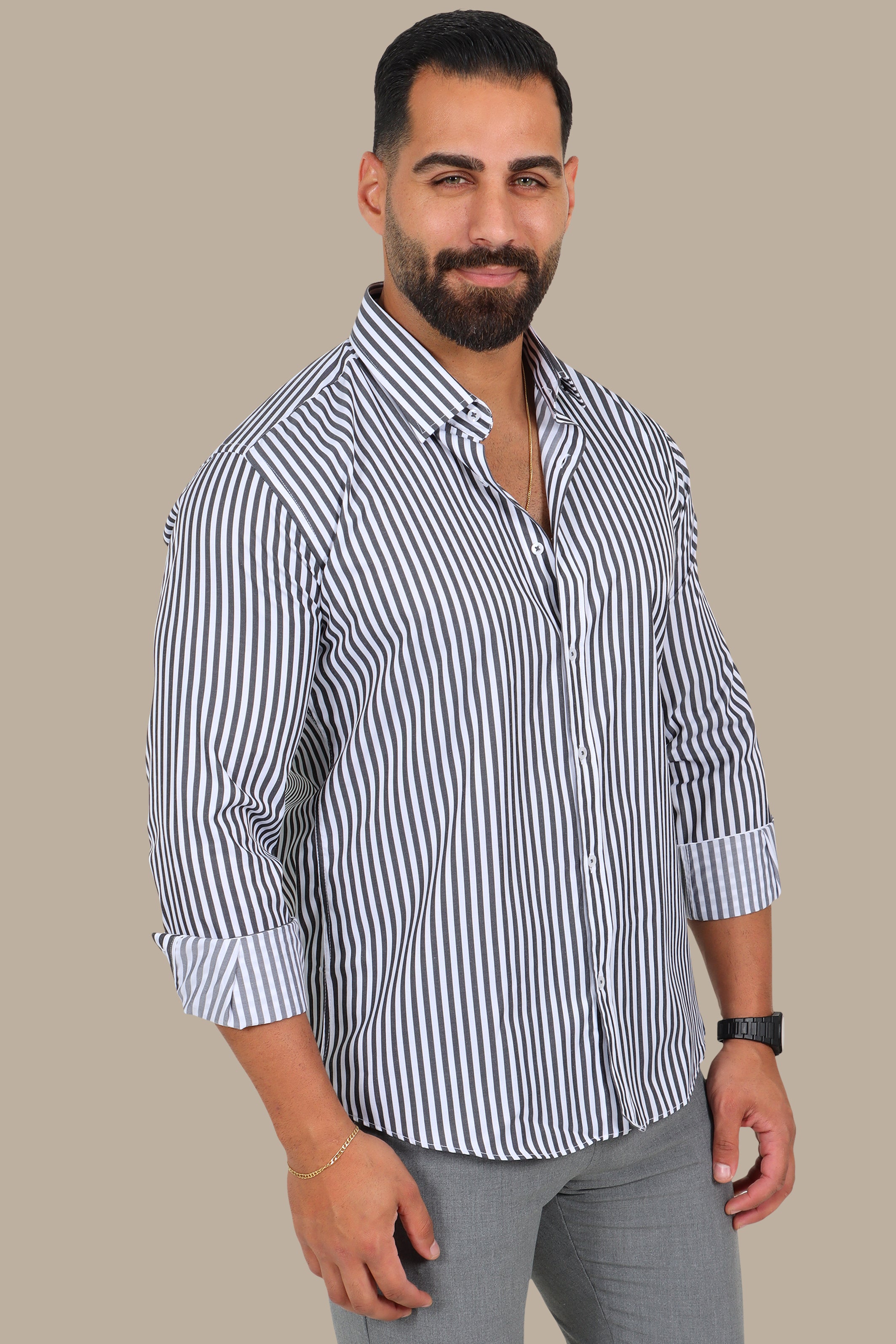 Med Classic Pinstripe Shirt in Dark Grey