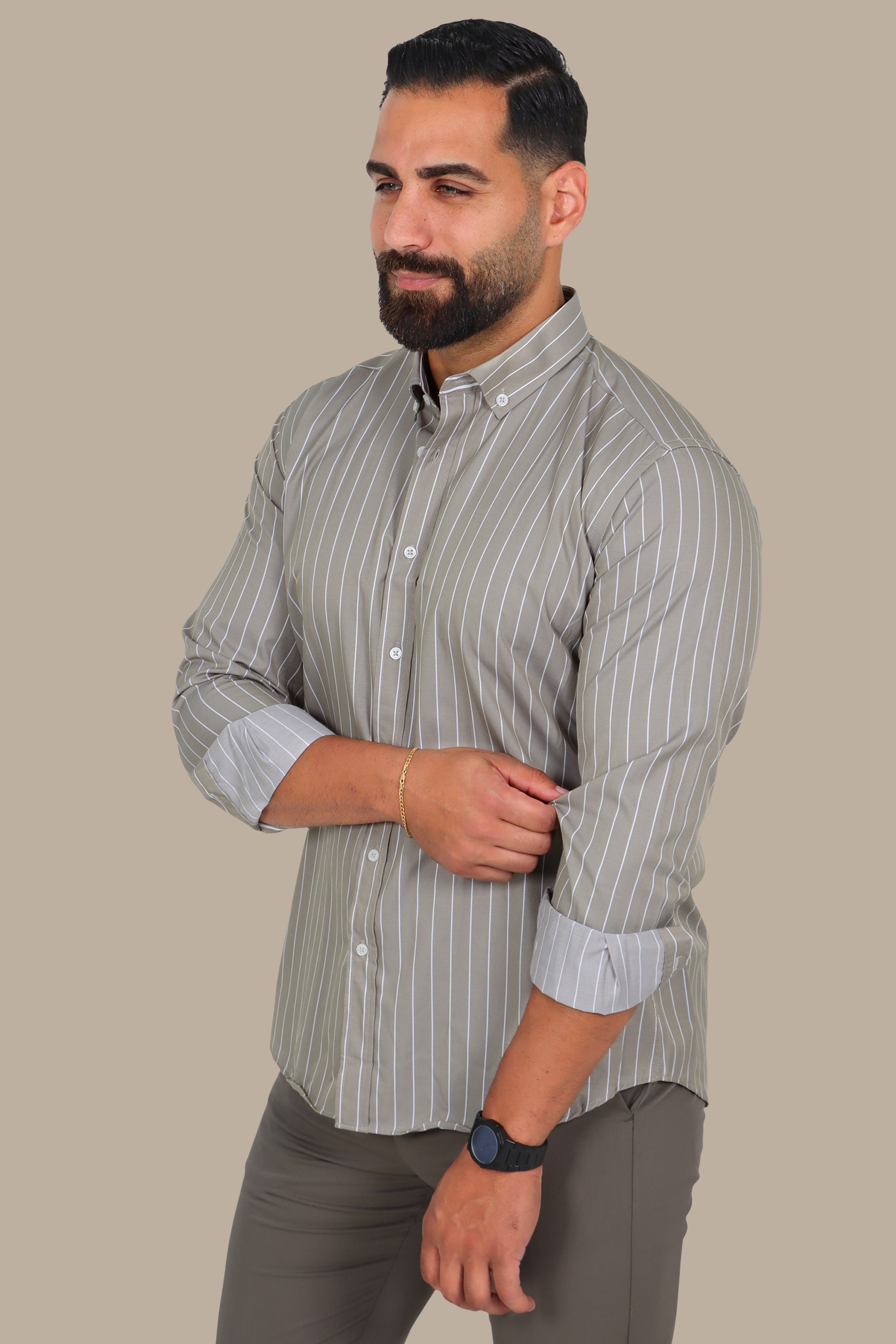Olive Button-Down Shirt with White Pinstripes