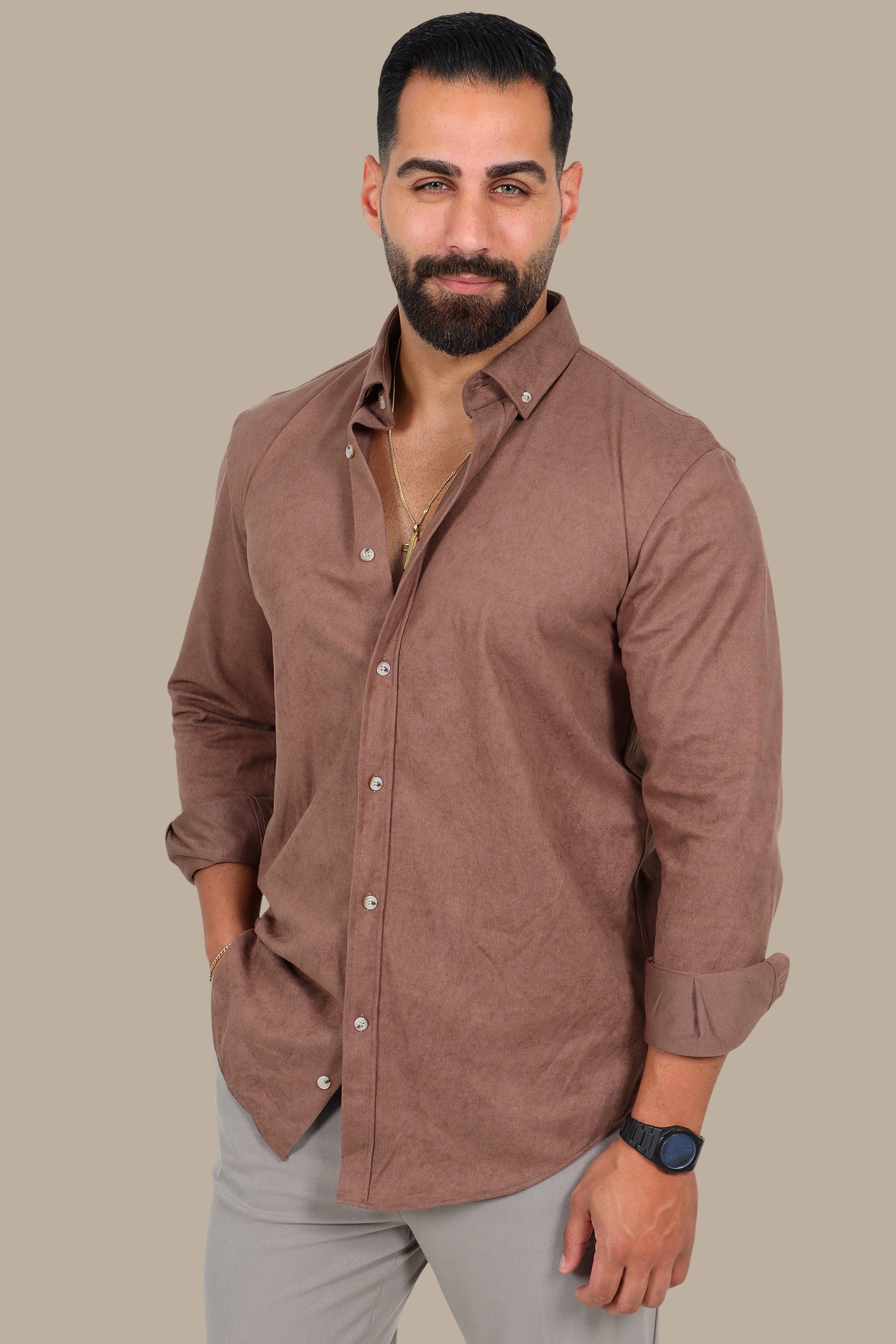 Light Brown Thin Corduroy Button-Down Shirt