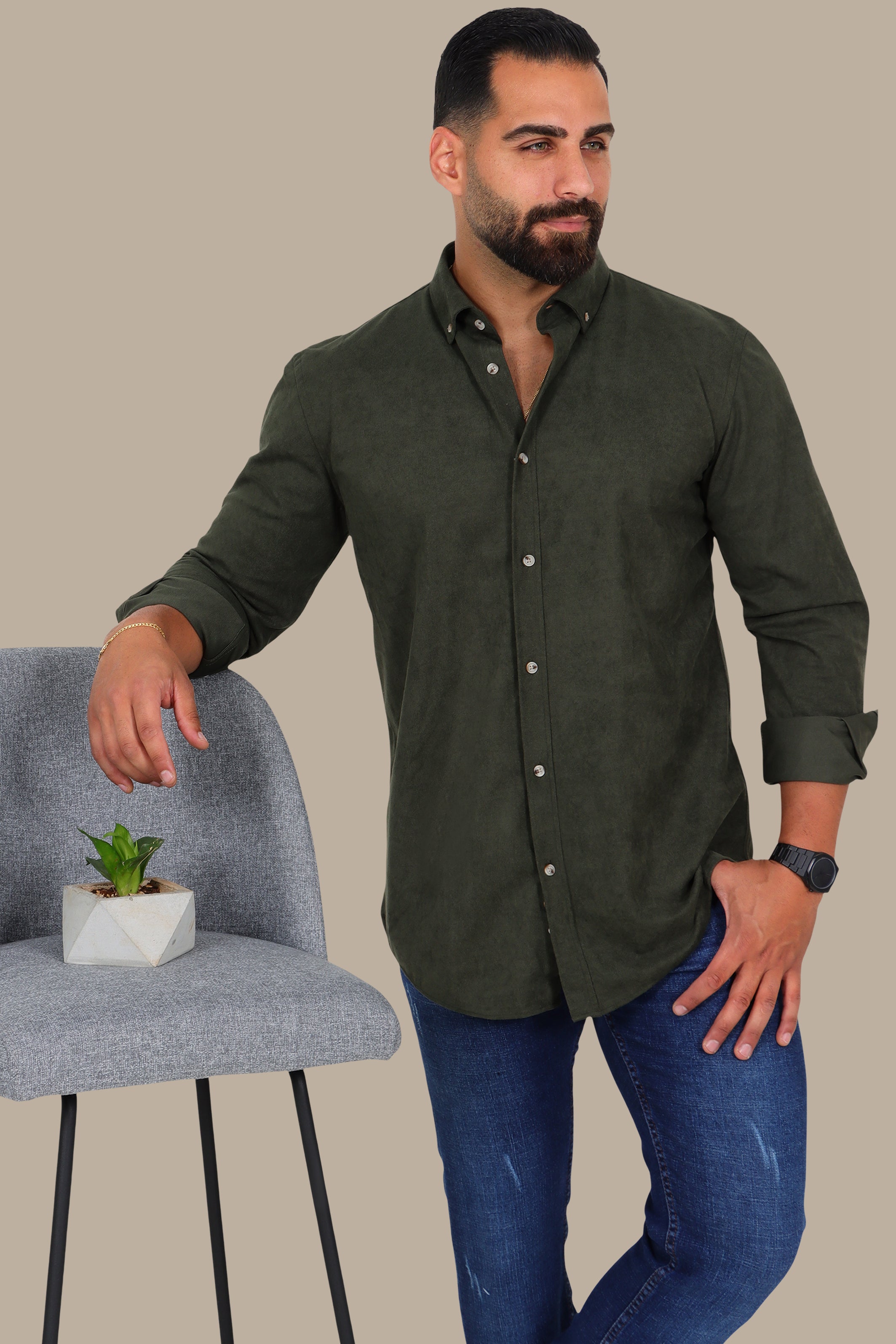 Khaki Thin Corduroy Button-Down Shirt