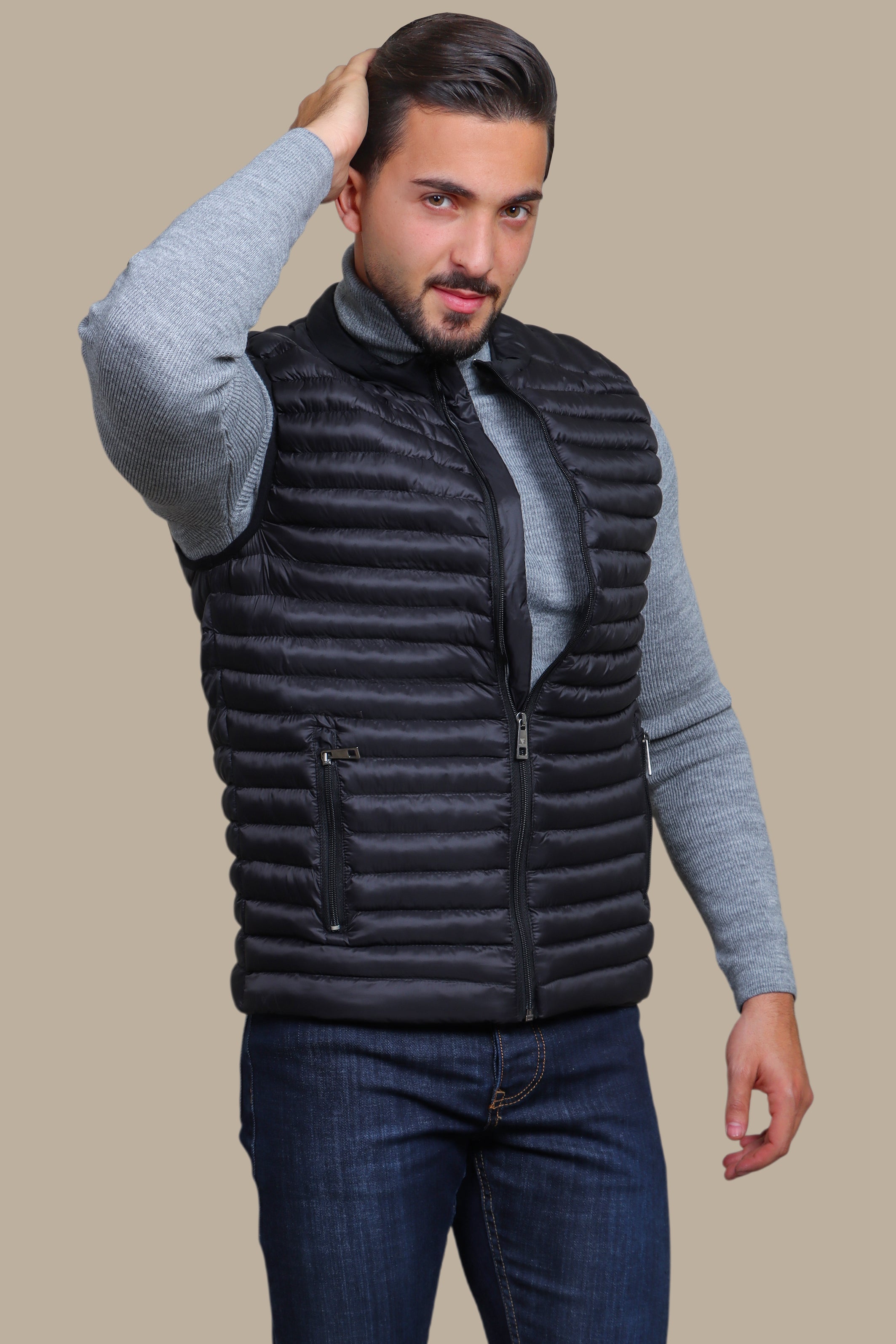 Nocturnal Trek: Black Padded Puffer Vest for Urban Explorations