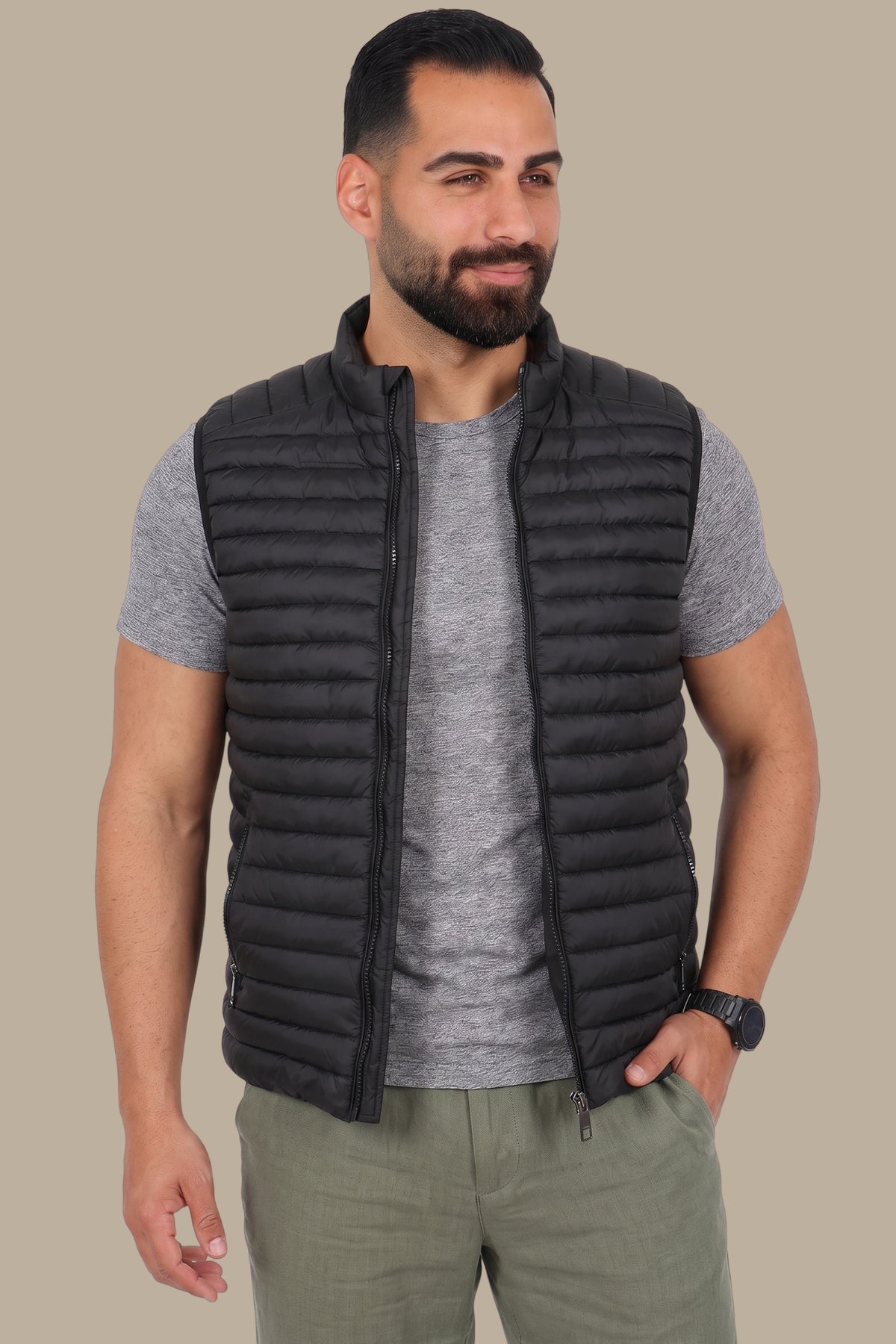 Nocturnal Trek: Black Padded Puffer Vest for Urban Explorations
