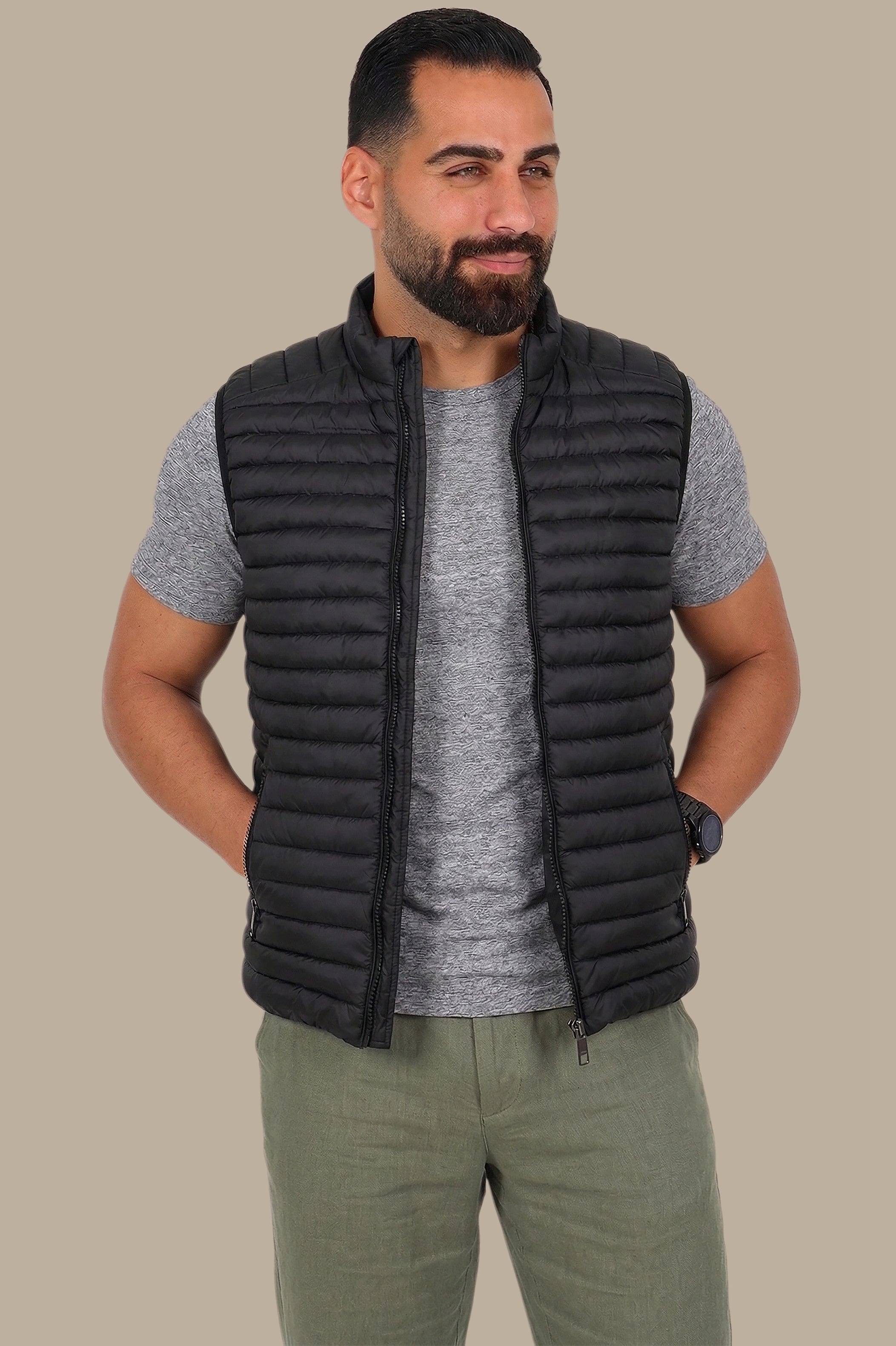 Nocturnal Trek: Black Padded Puffer Vest for Urban Explorations