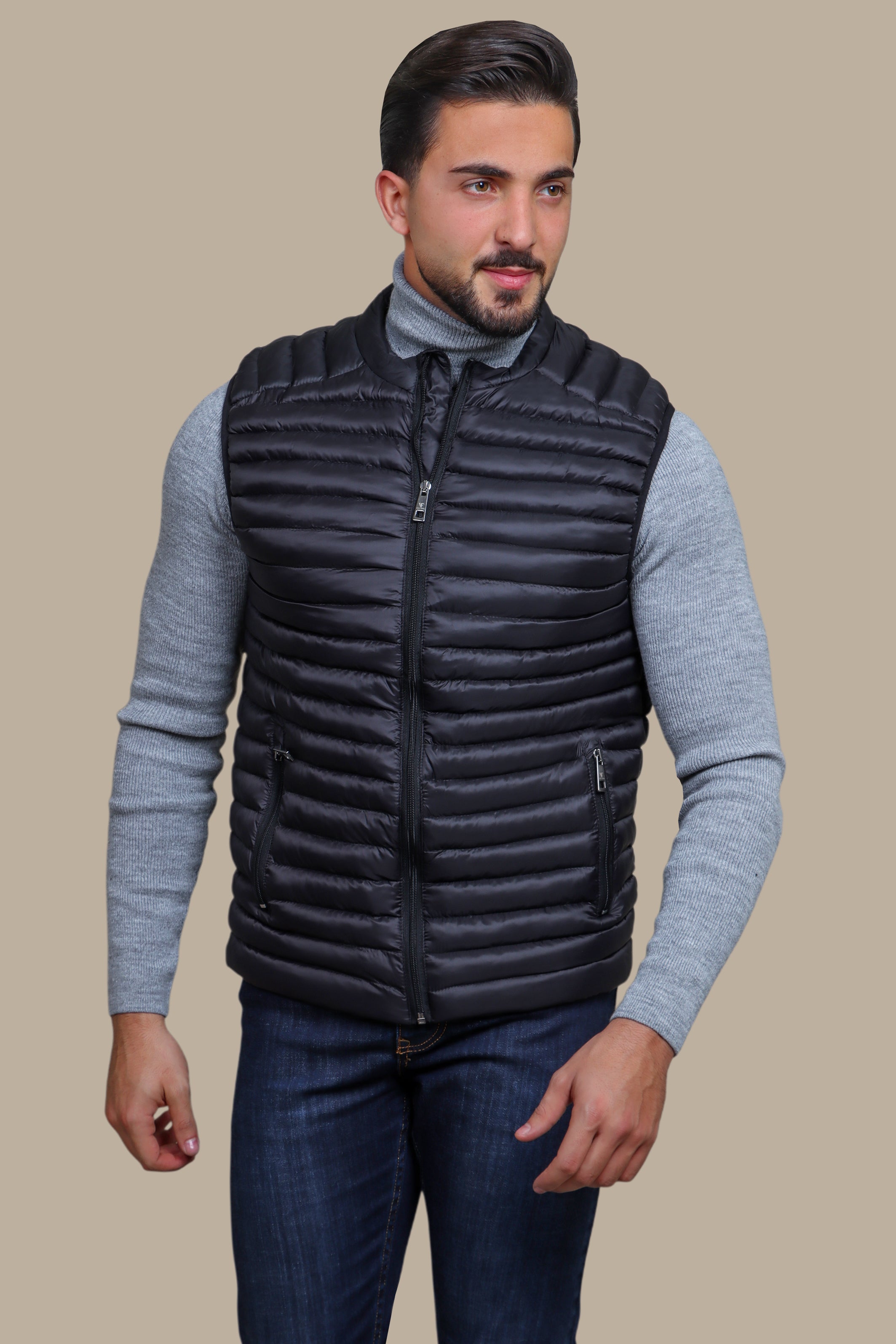 Nocturnal Trek: Black Padded Puffer Vest for Urban Explorations