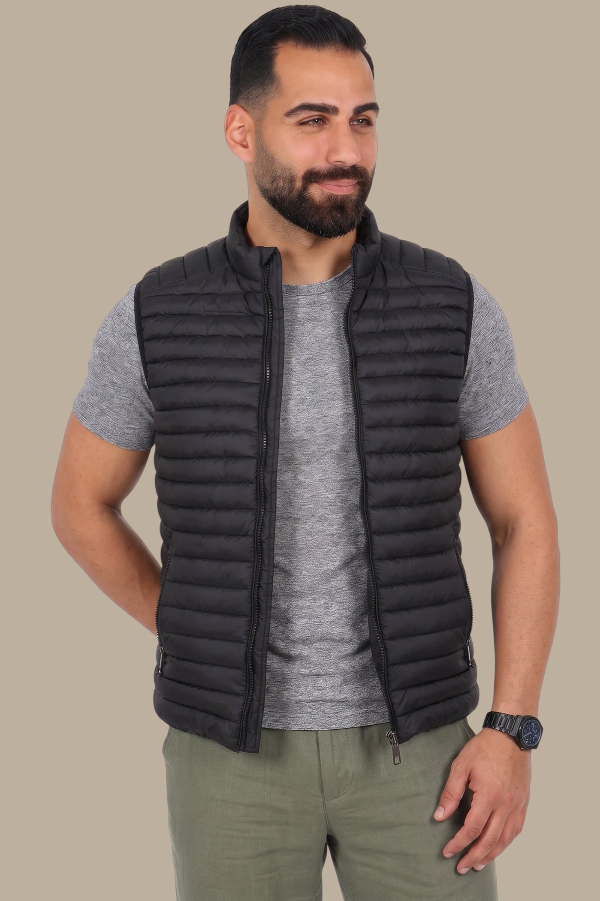 Nocturnal Trek: Black Padded Puffer Vest for Urban Explorations