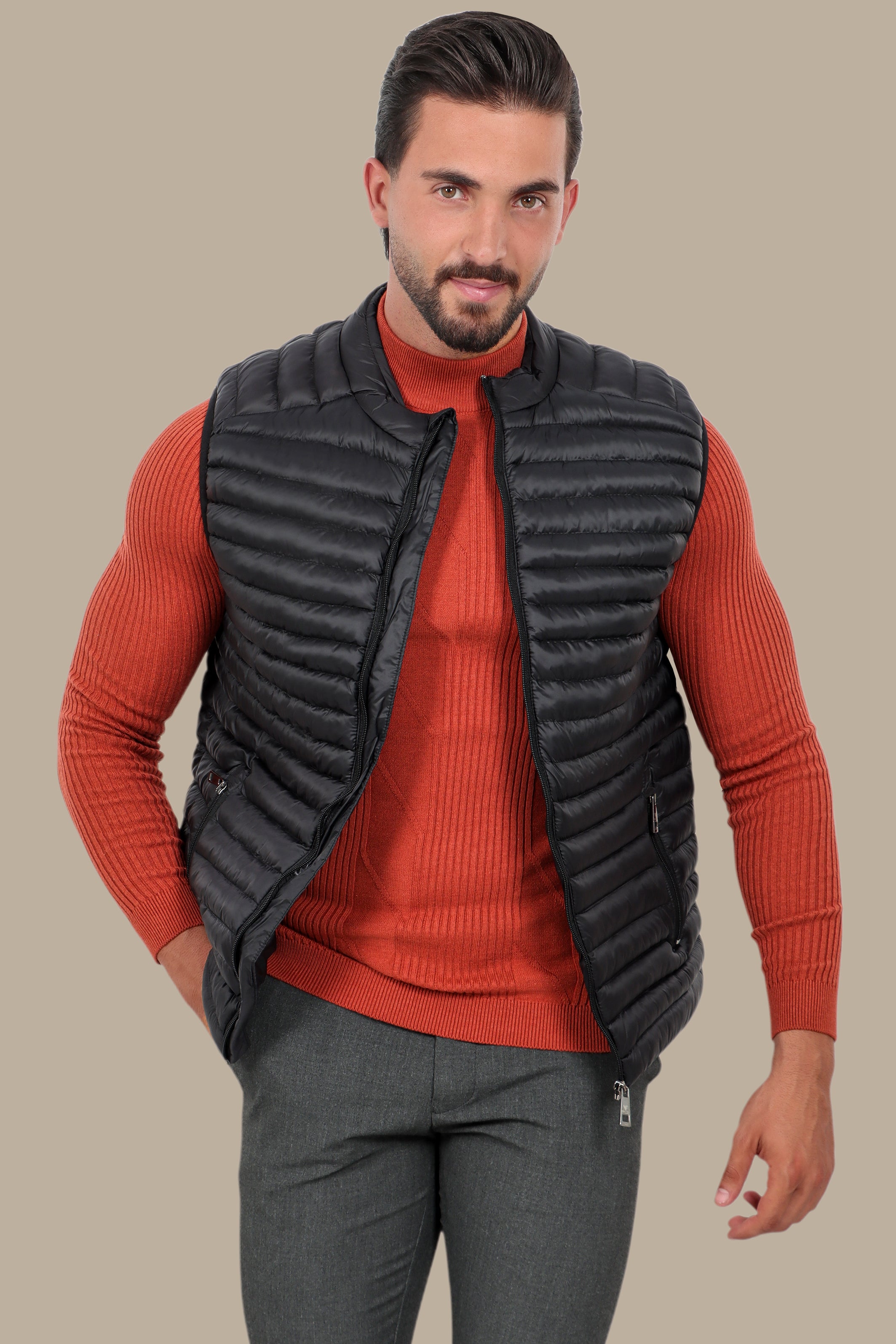 Nocturnal Trek: Black Padded Puffer Vest for Urban Explorations