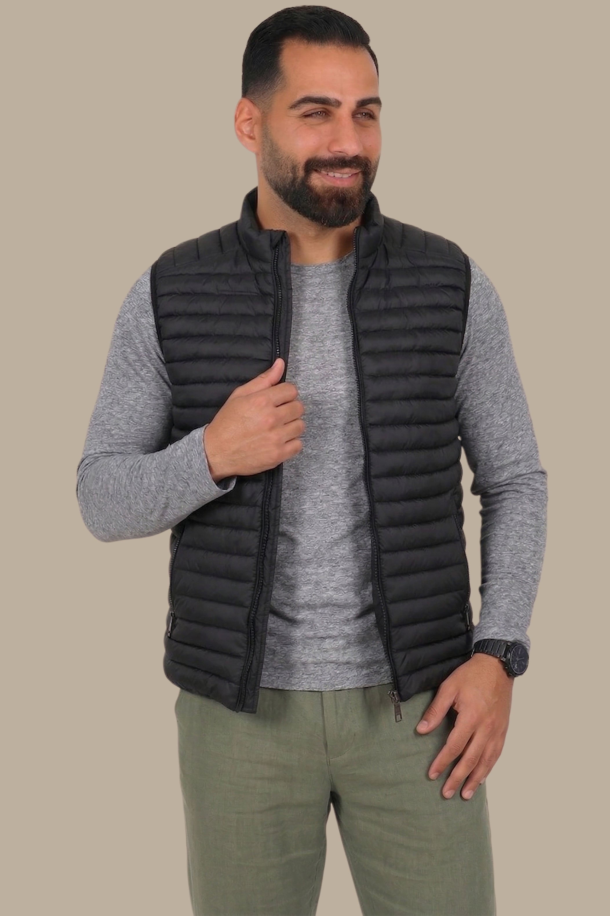 Nocturnal Trek: Black Padded Puffer Vest for Urban Explorations