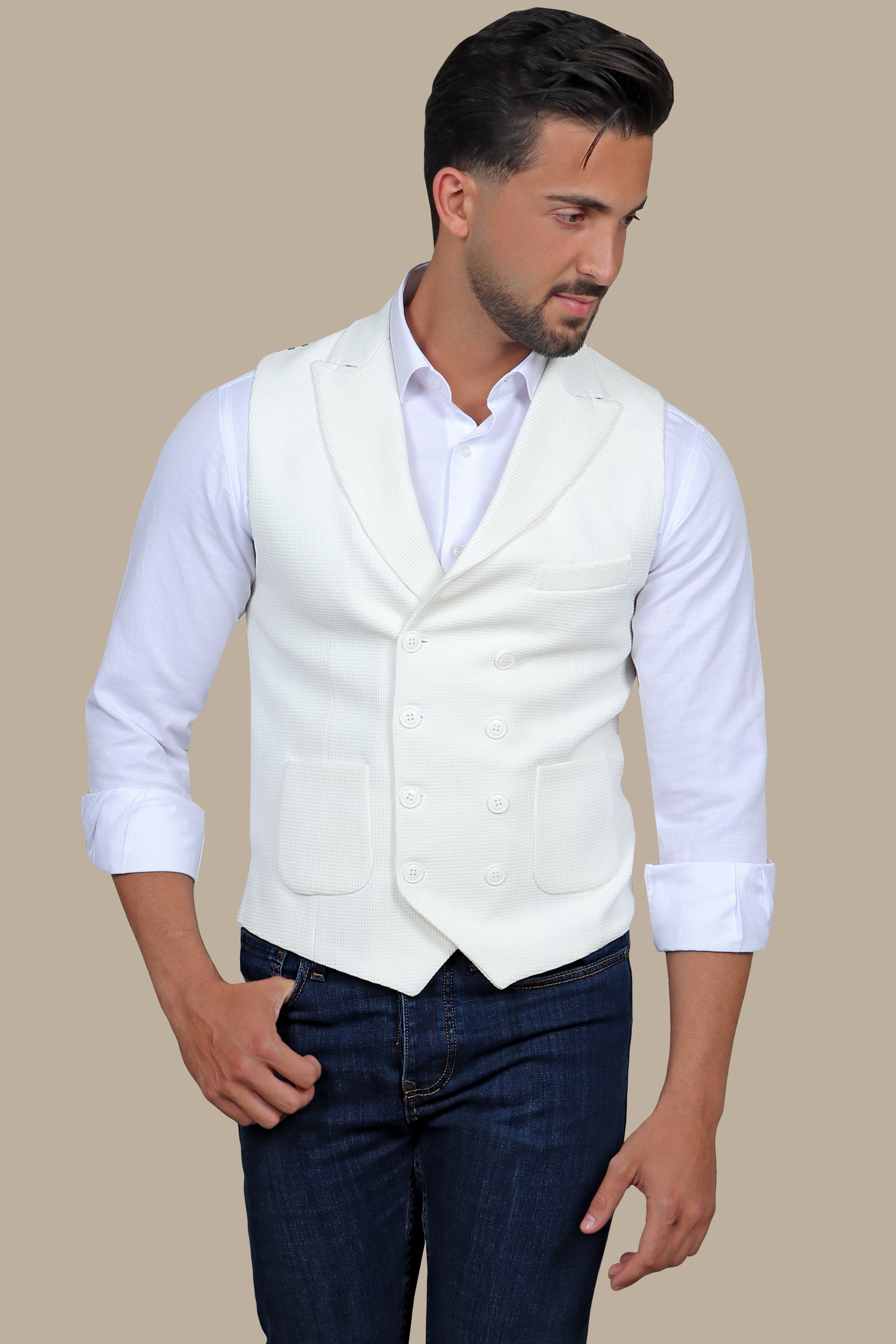 White Double-Breasted Peak Lapel Vest