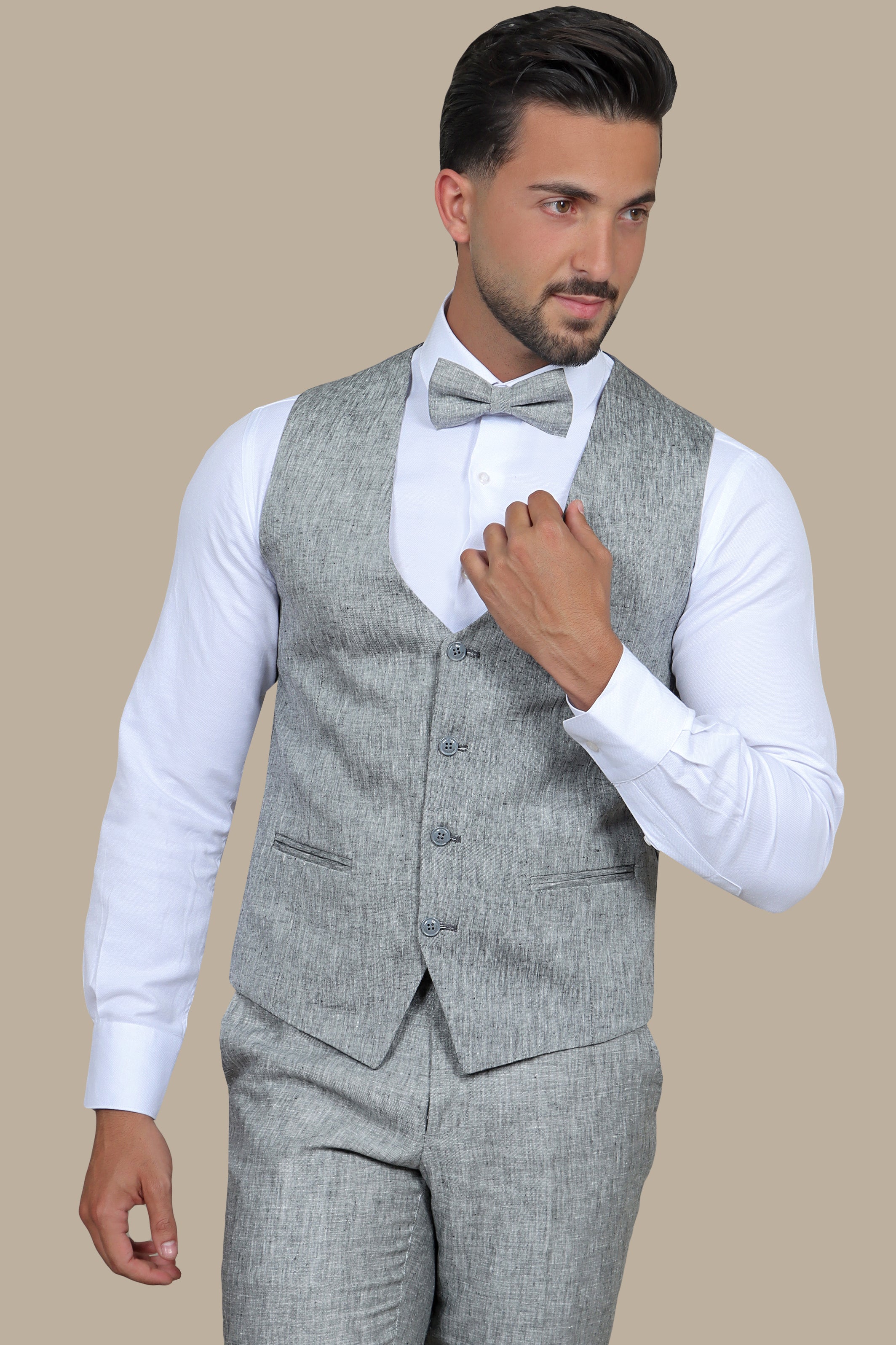 Timeless Elegance: Grey Linen V-Neck Vest