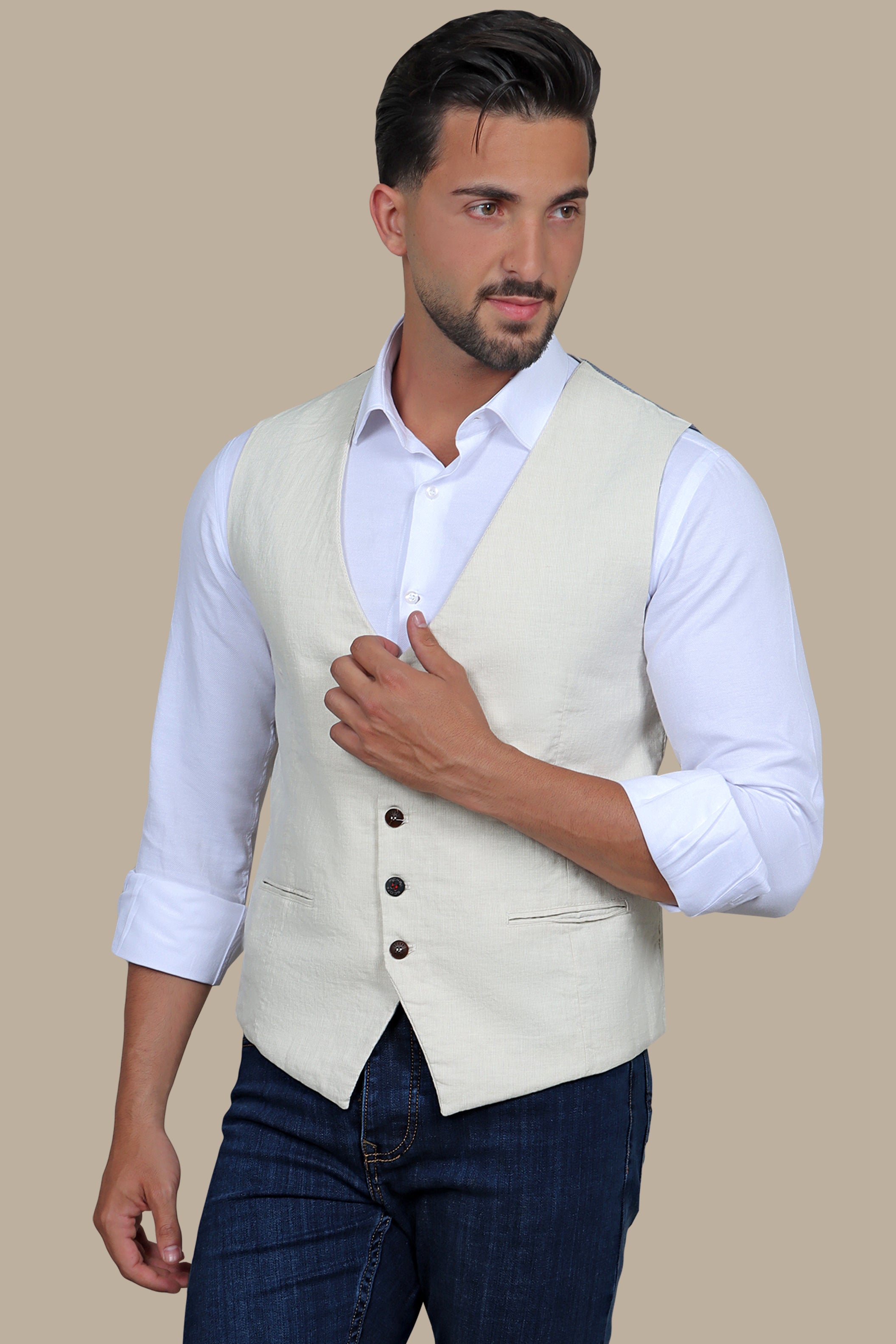 Beige Linen Vest with Subtle Stripes