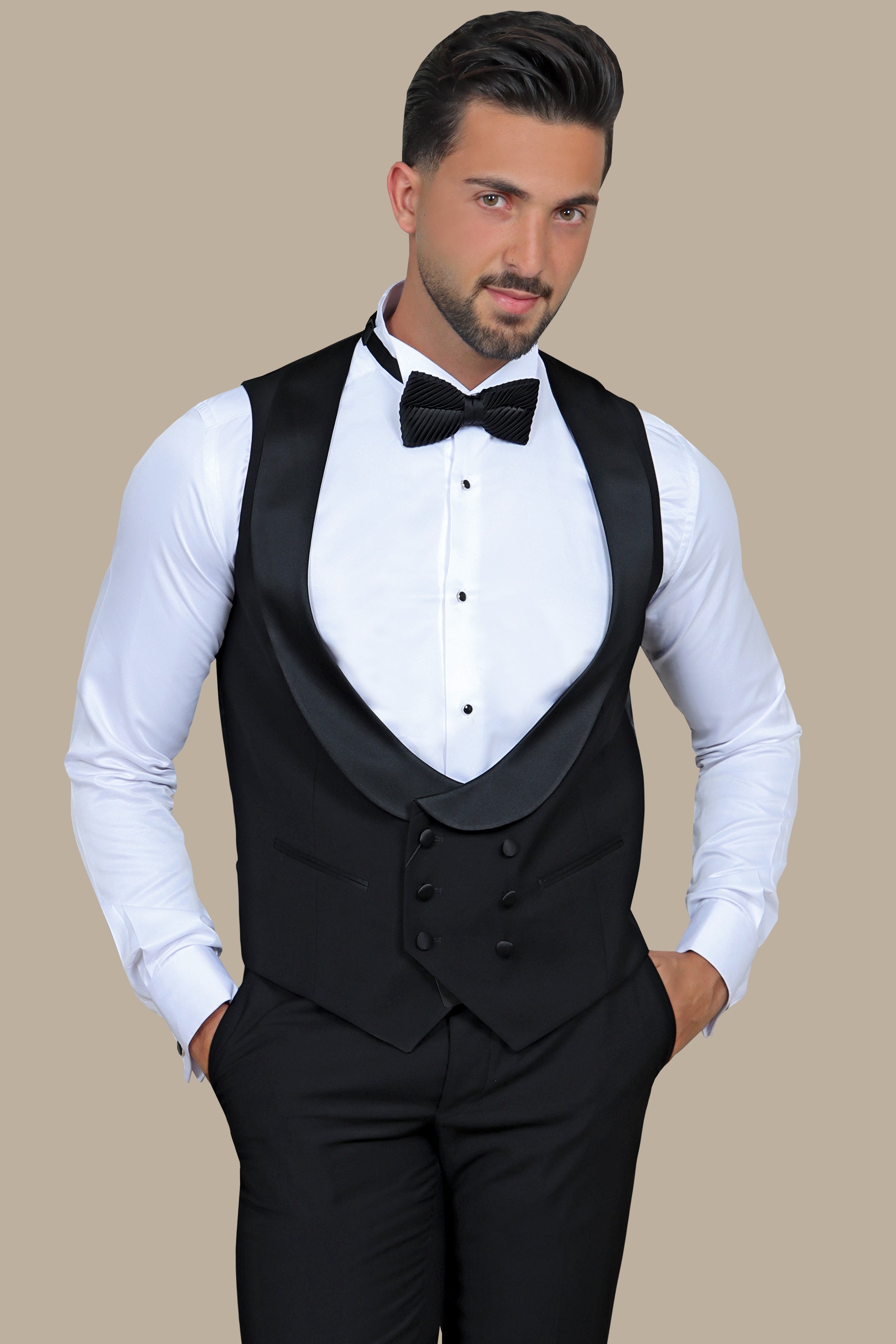 Black Elegance: Double-Breasted Vest with Collar Detail