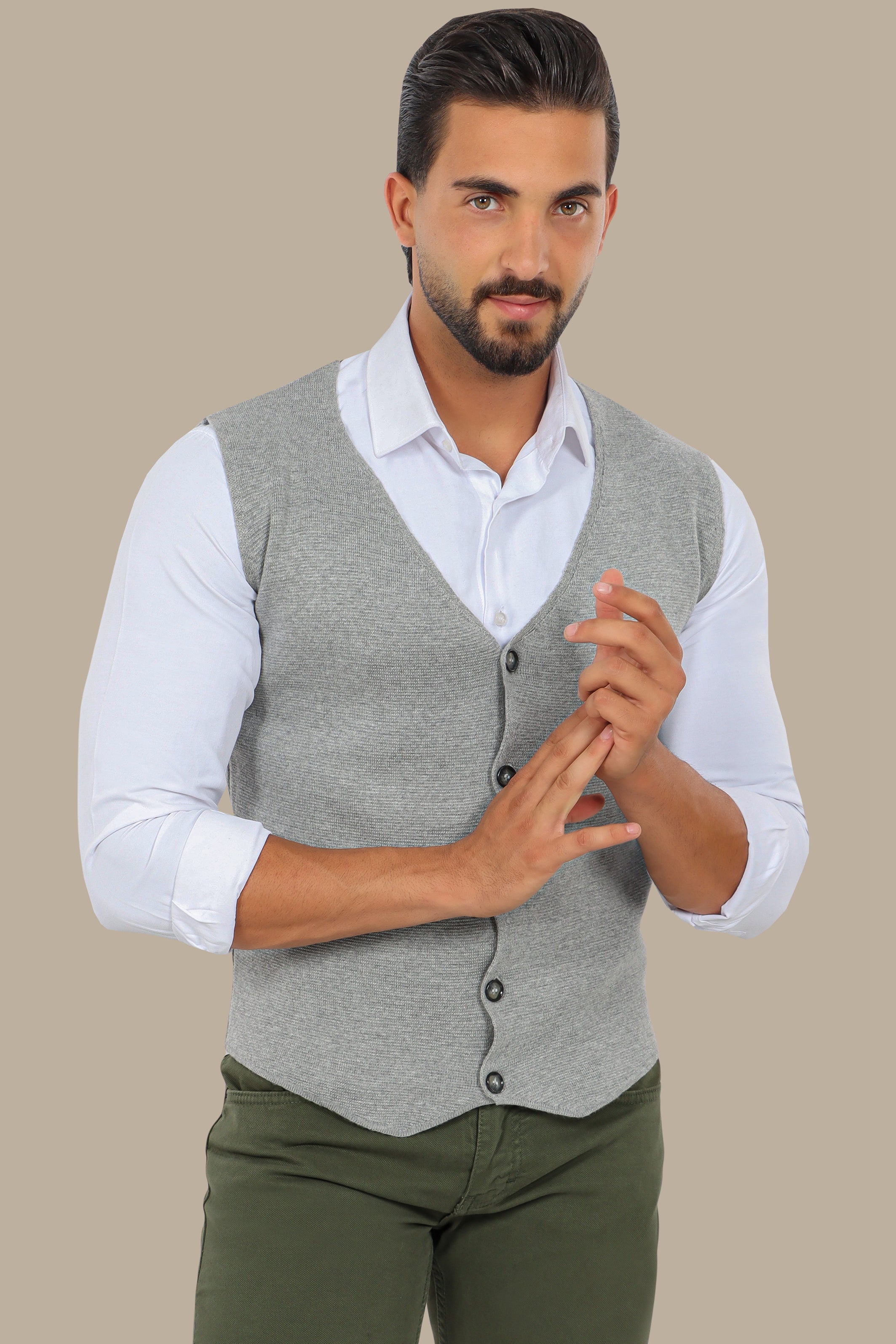 Light Grey Cotton Casual Vest with 5 Buttons