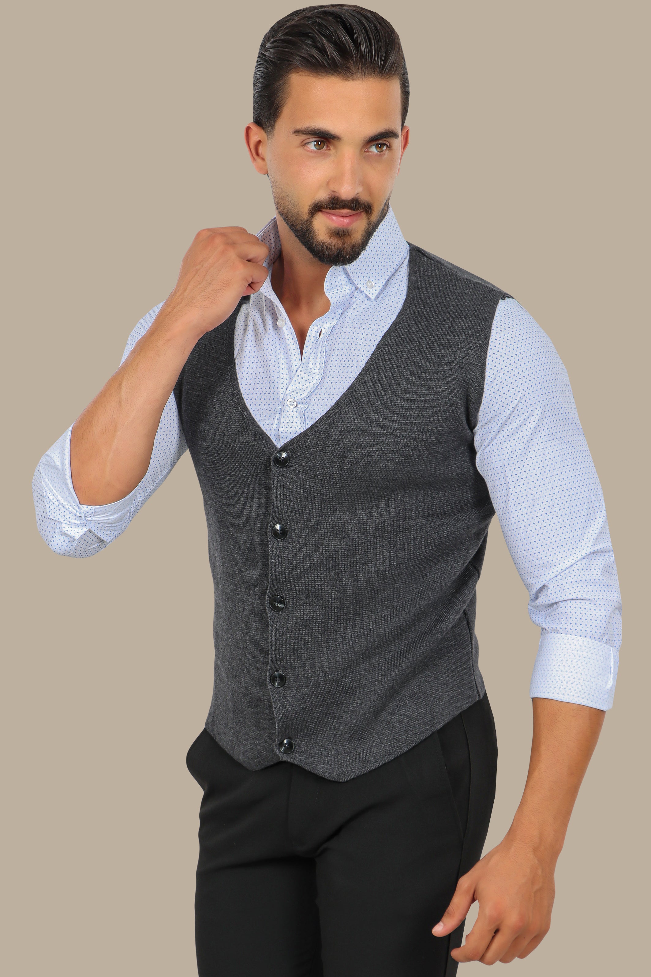 Dark Grey Cotton Casual Vest with 5 Buttons