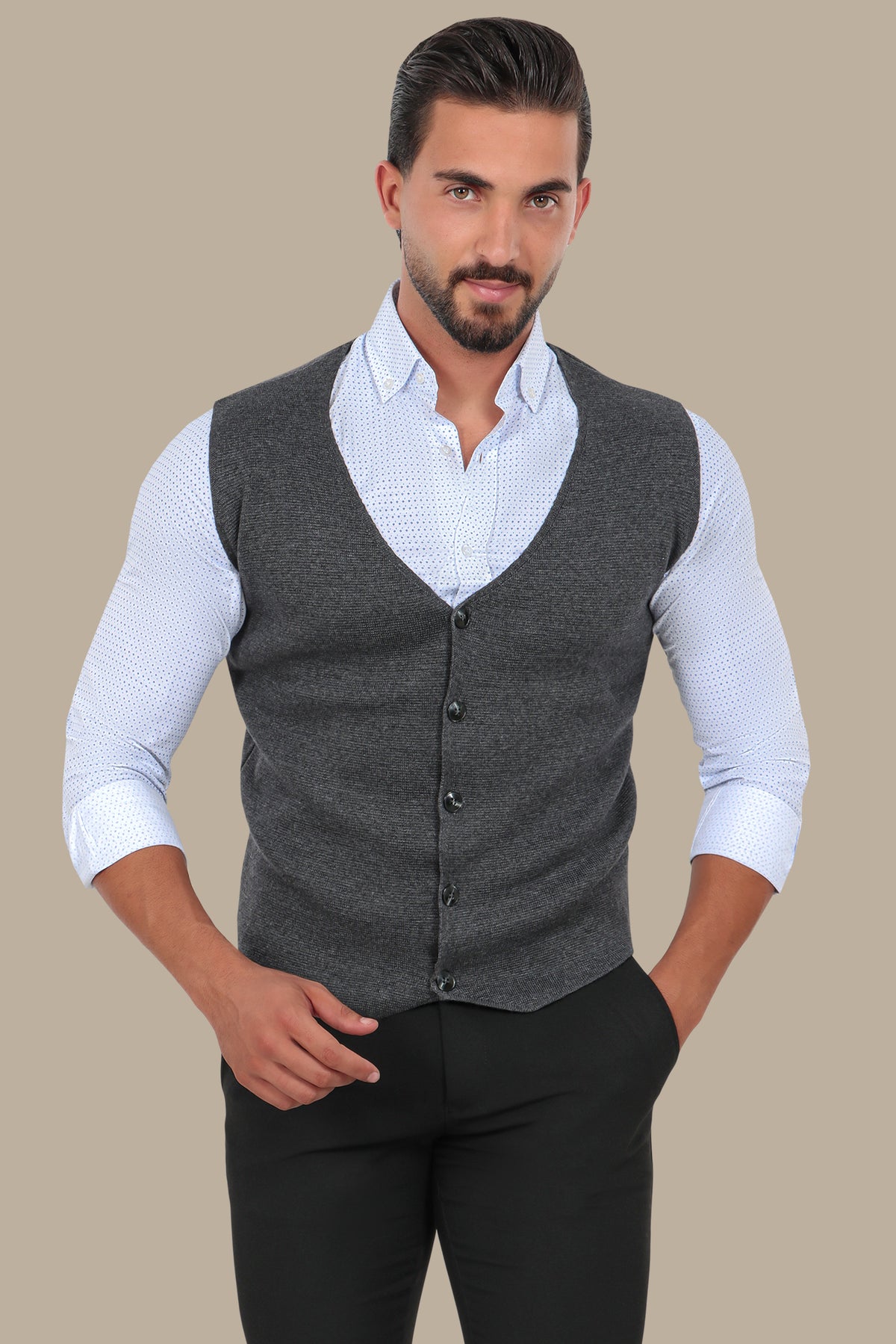 Dark Grey Cotton Casual Vest with 5 Buttons