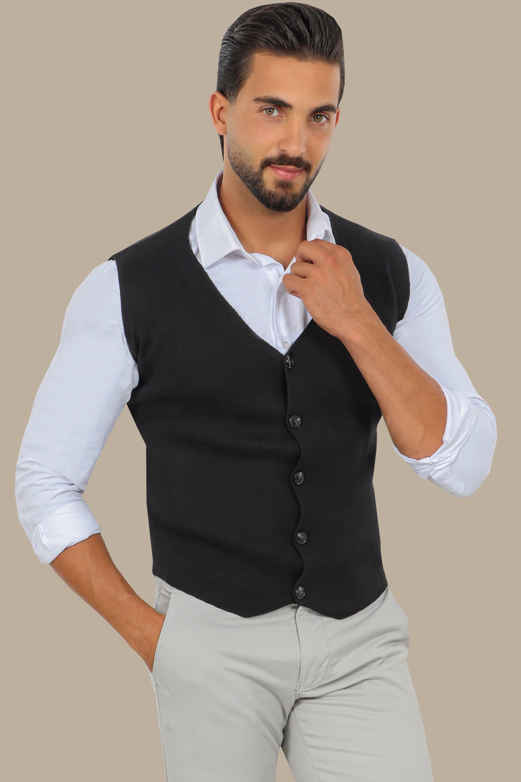 Black Cotton Casual Vest with 5 Buttons