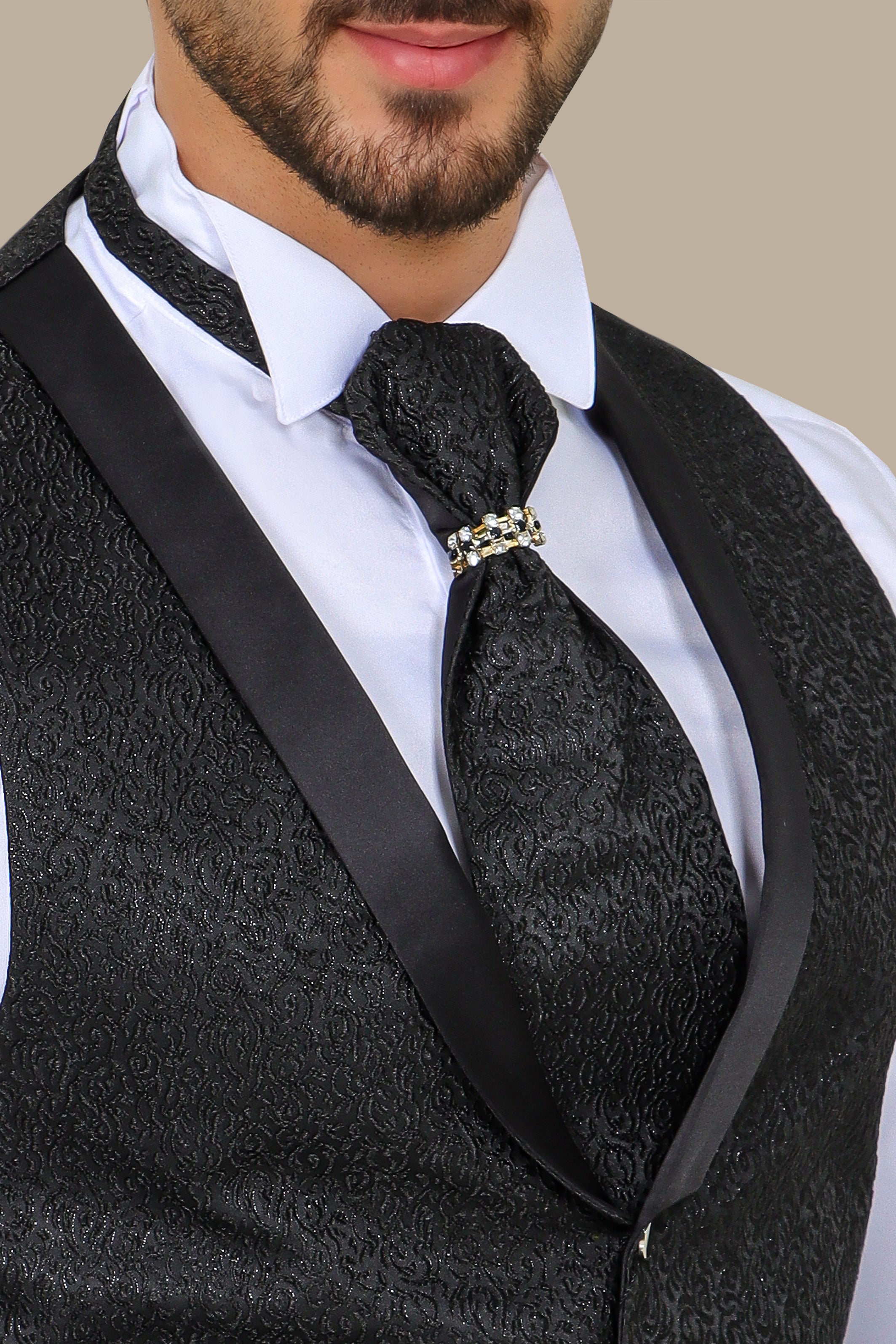 Black Jacquard Vest Set with Tie