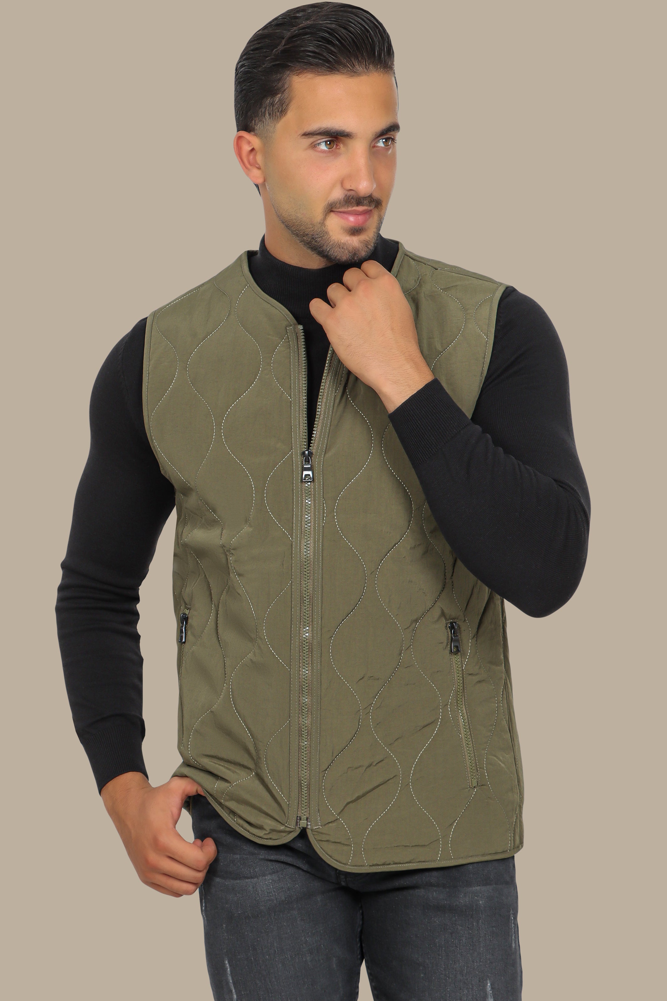 Khaki Puffer Vest with Wavy Stitch