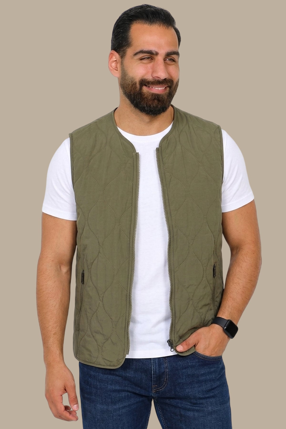 Khaki Puffer Vest with Wavy Stitch