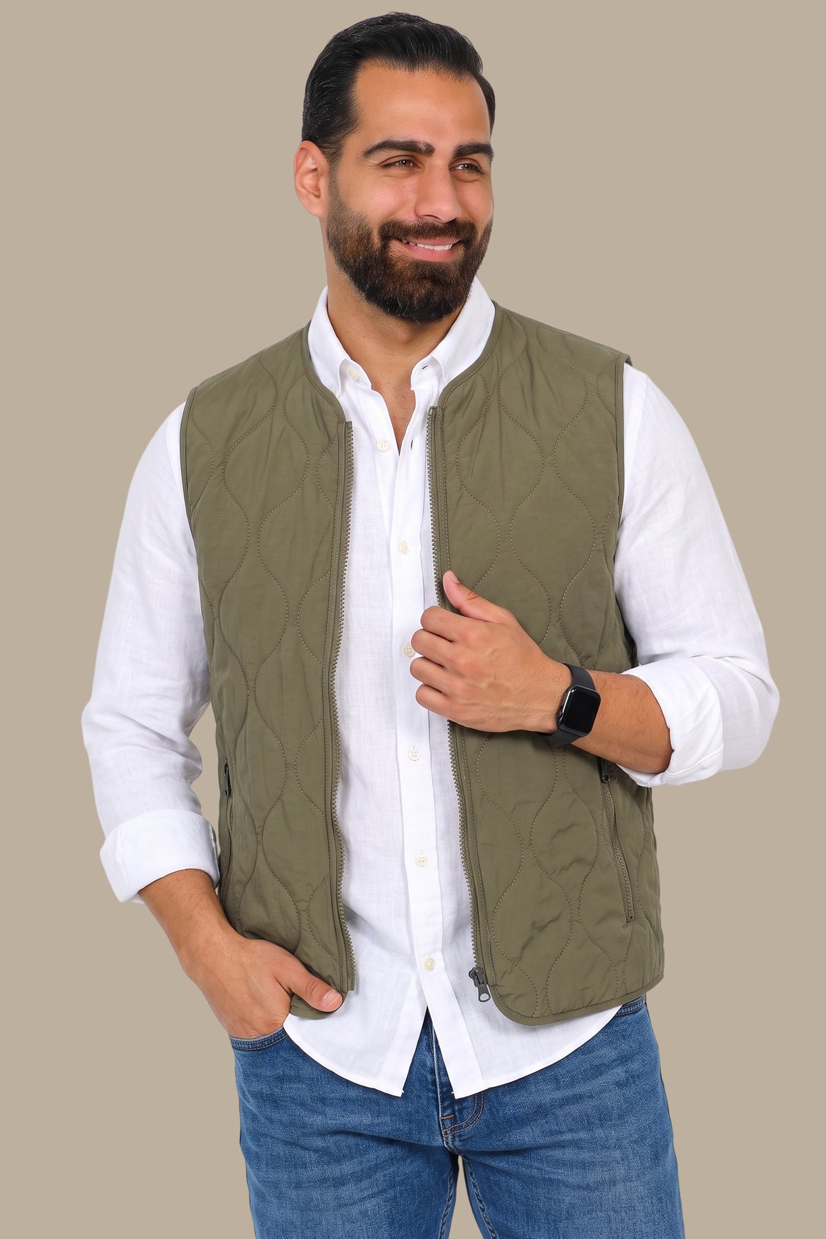 Khaki Puffer Vest with Wavy Stitch