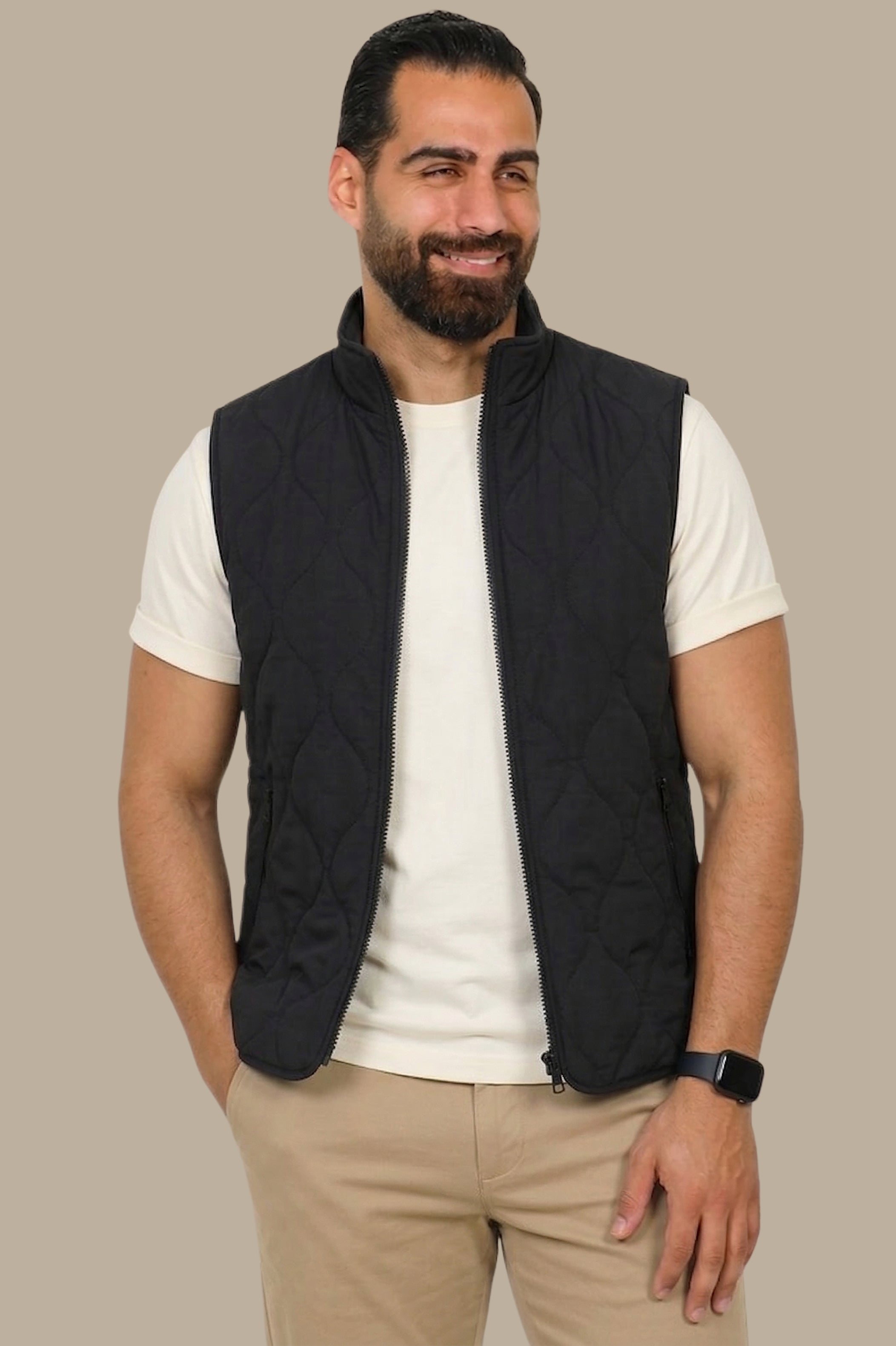 Black Puffer Vest with Wavy Stitch