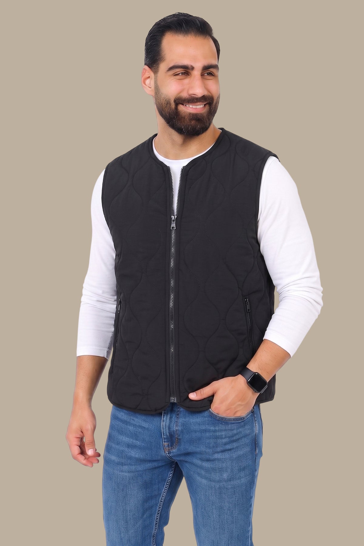 Black Puffer Vest with Wavy Stitch