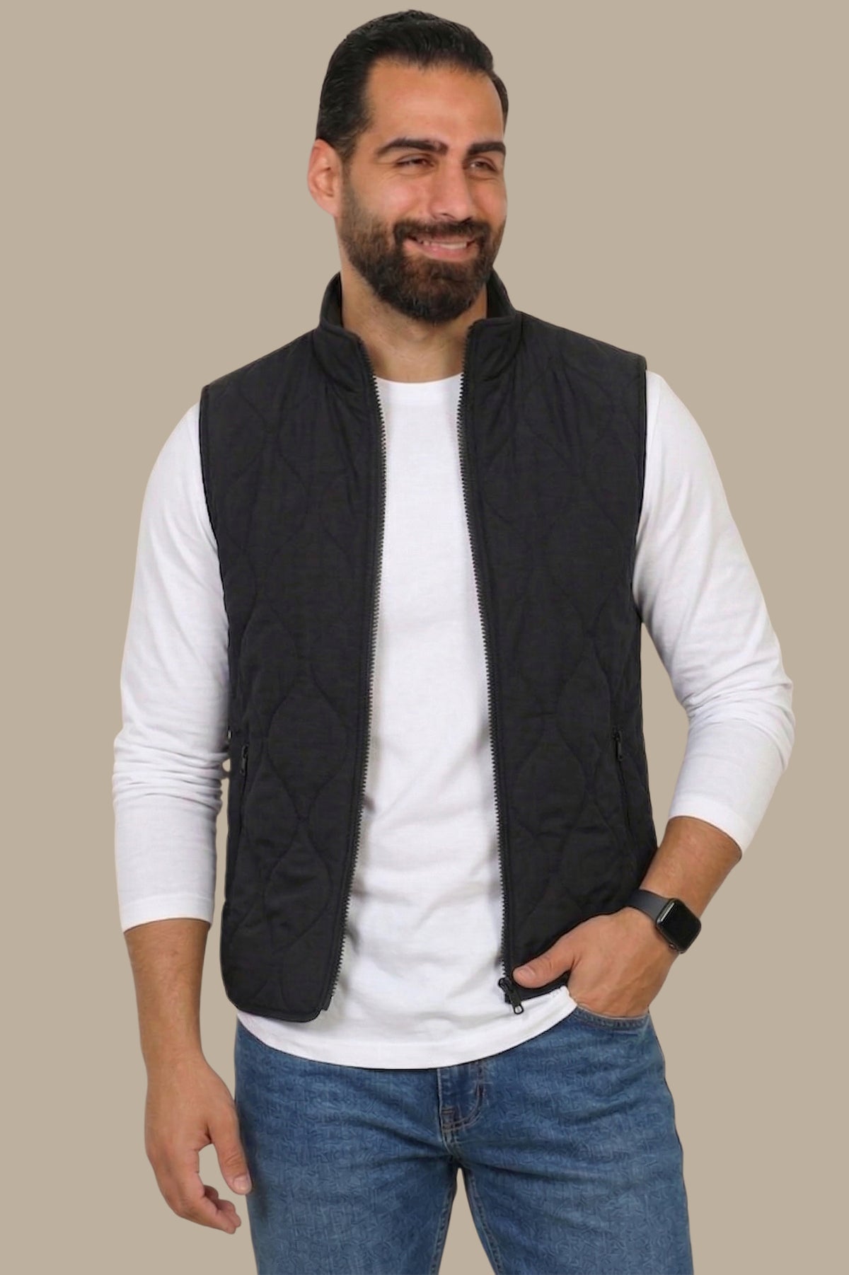 Black Puffer Vest with Wavy Stitch