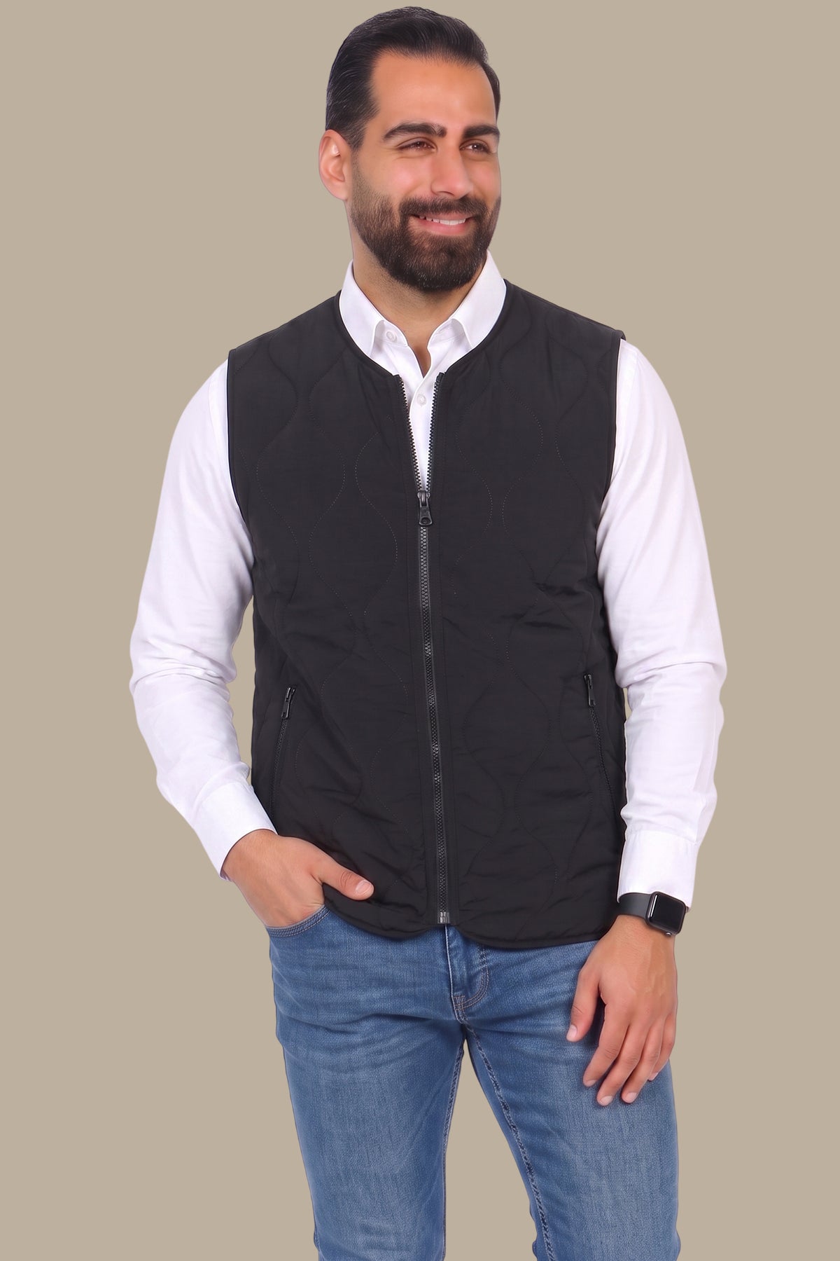 Black Puffer Vest with Wavy Stitch