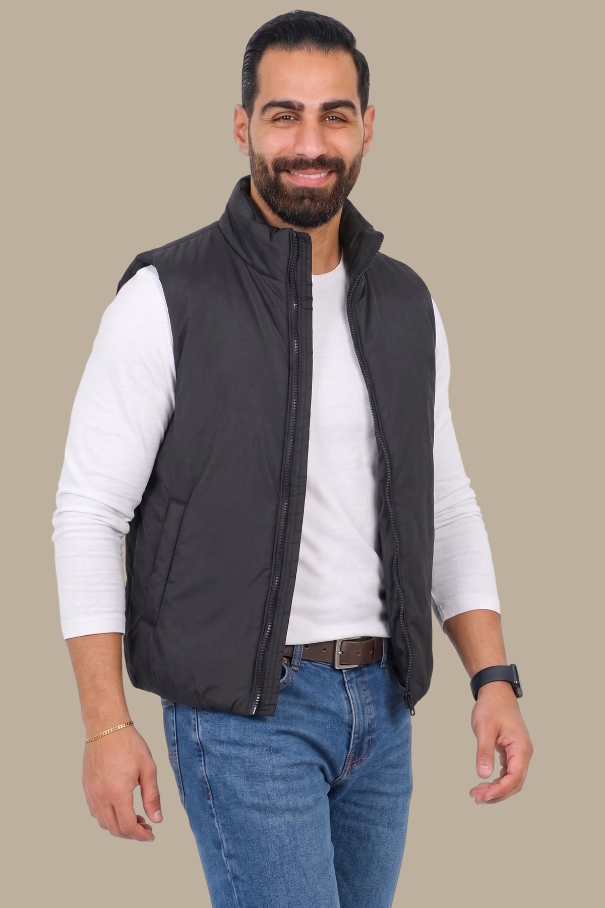 Black Puffer Vest with Wavy Stitch
