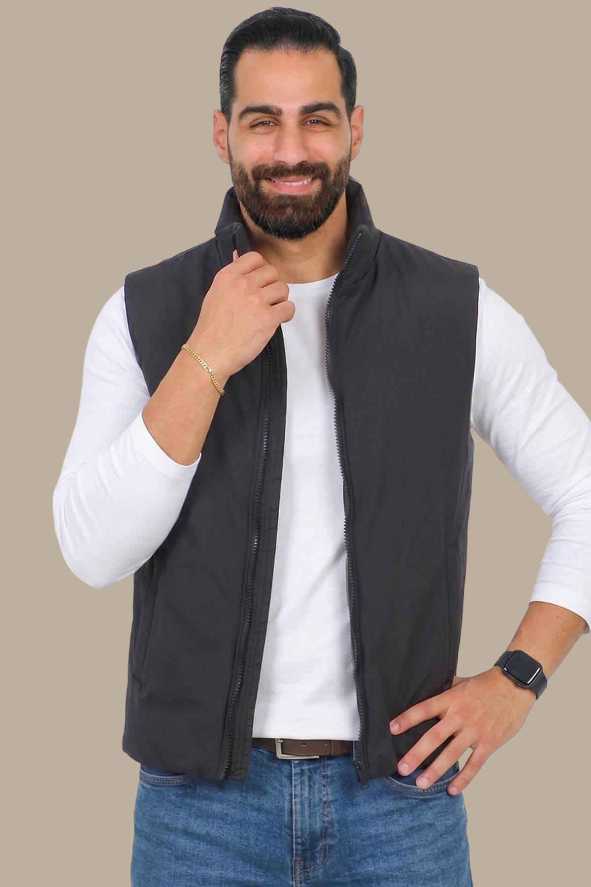 Black Puffer Vest with Wavy Stitch