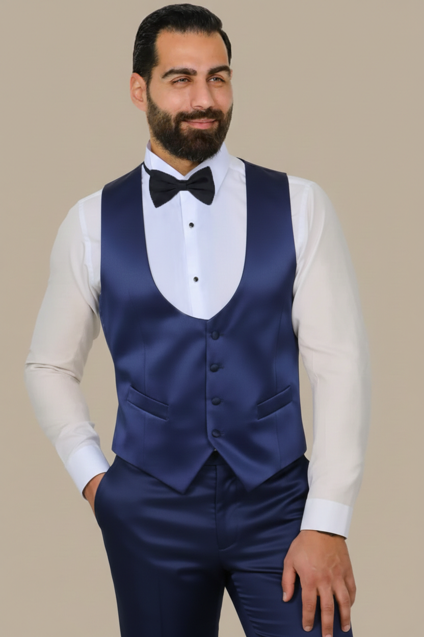 Navy Blue Satin Round Neck Vest