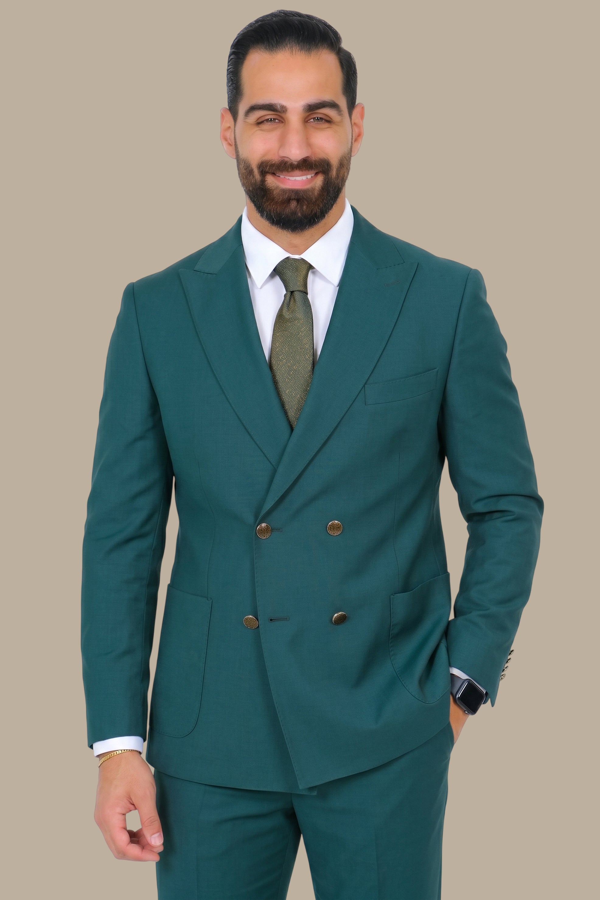 Dark Green Double-Breasted 4-Button Suit