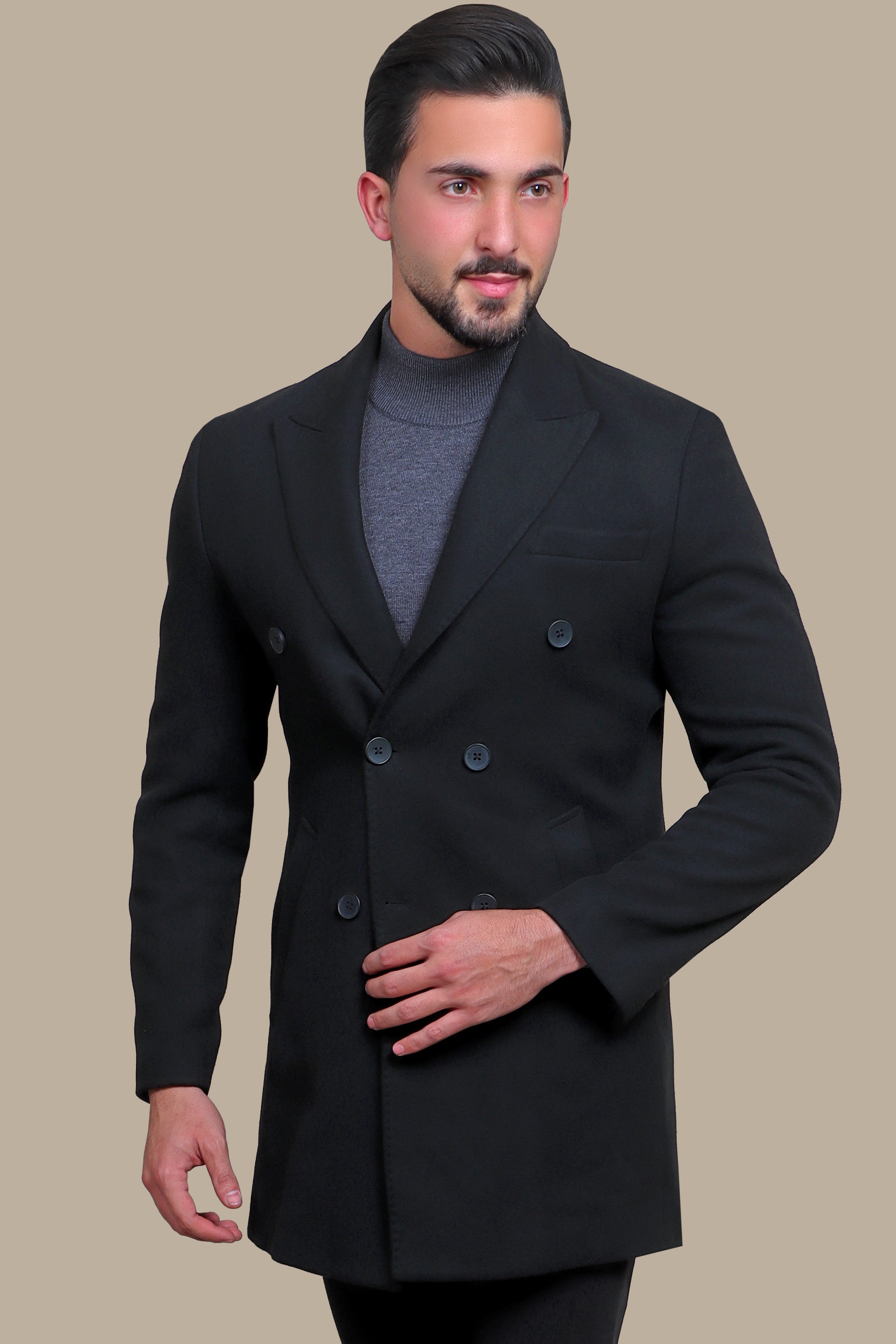 Black Opulence: Double-Breasted Coat for Timeless Sophistication