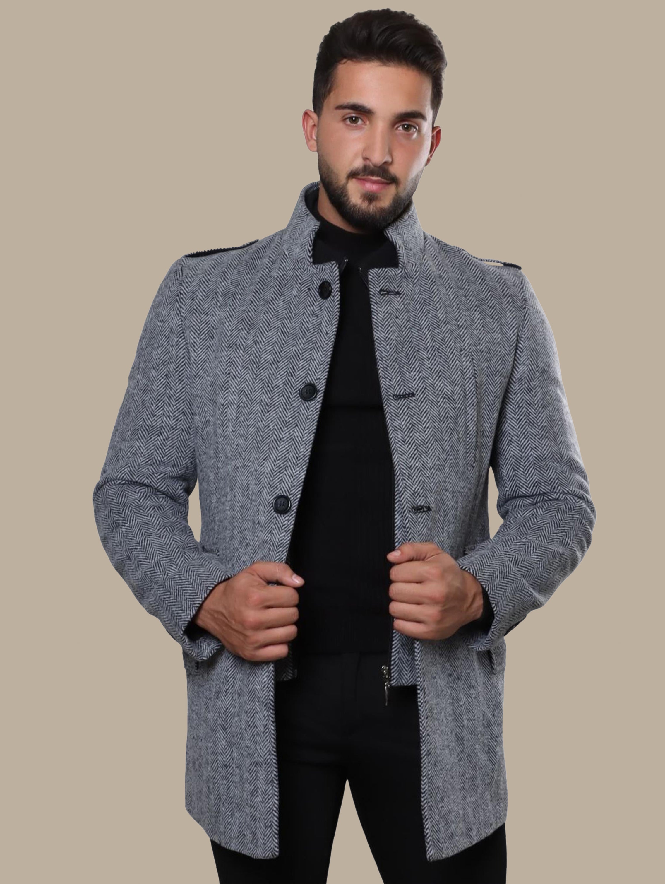 Coat Herringbone Col Mao | Light Grey