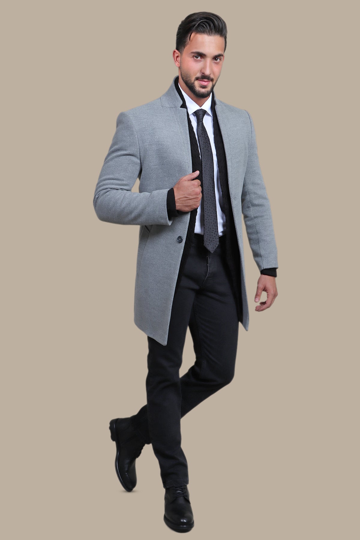 Light Grey Basic Mao Collar Coat
