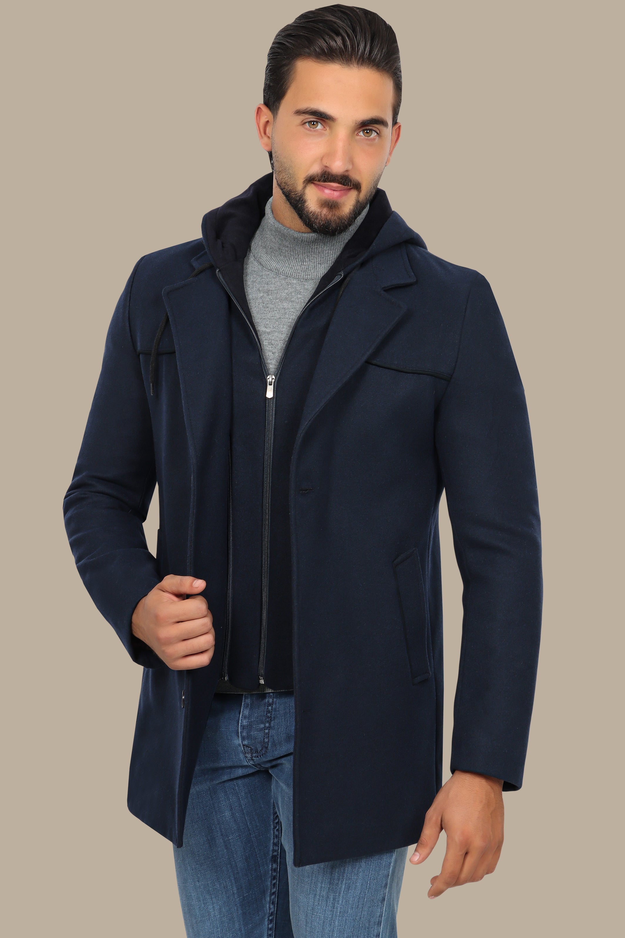 Navy Coat with Detachable Hoodie