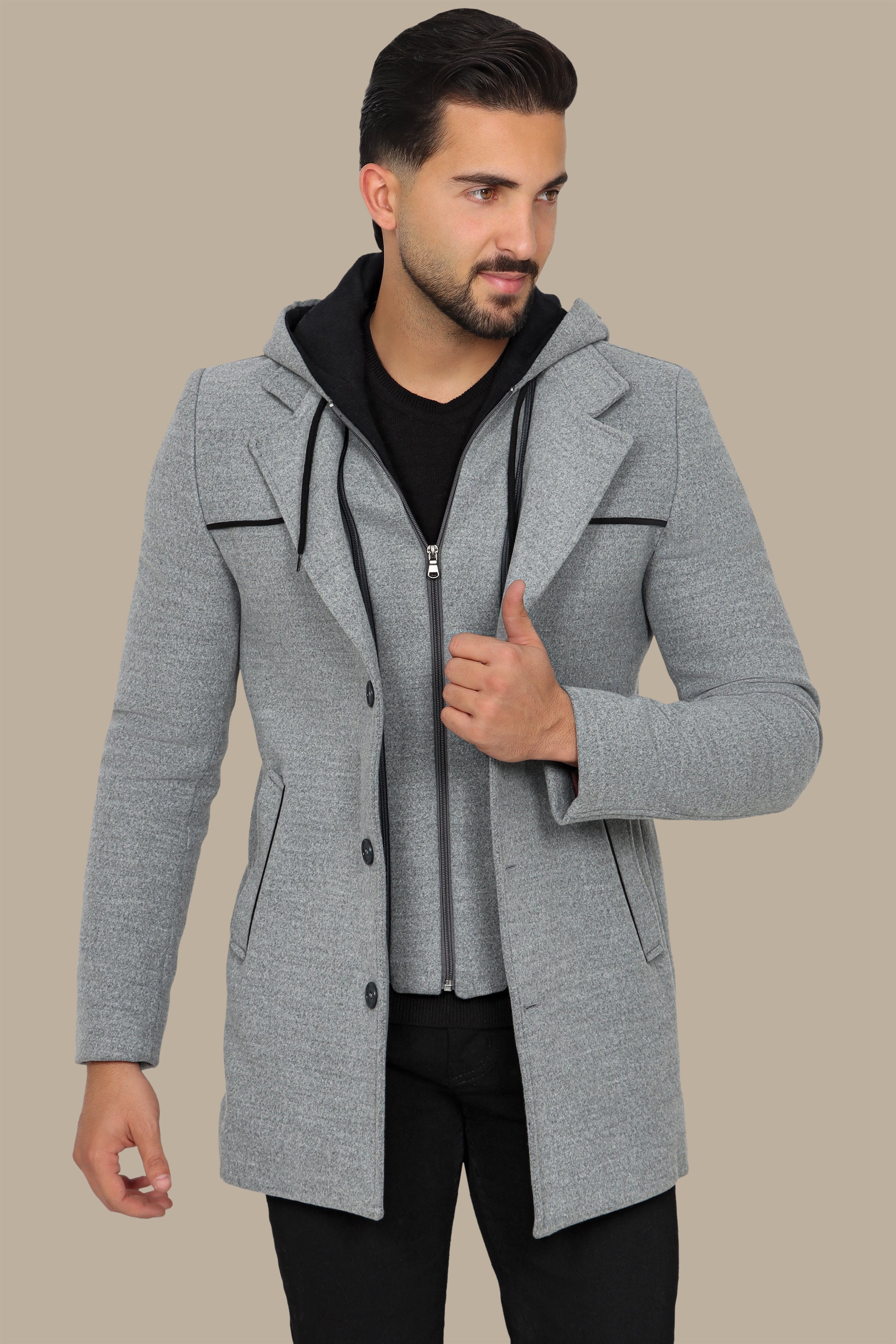 Light Grey Coat with Detachable Hoodie