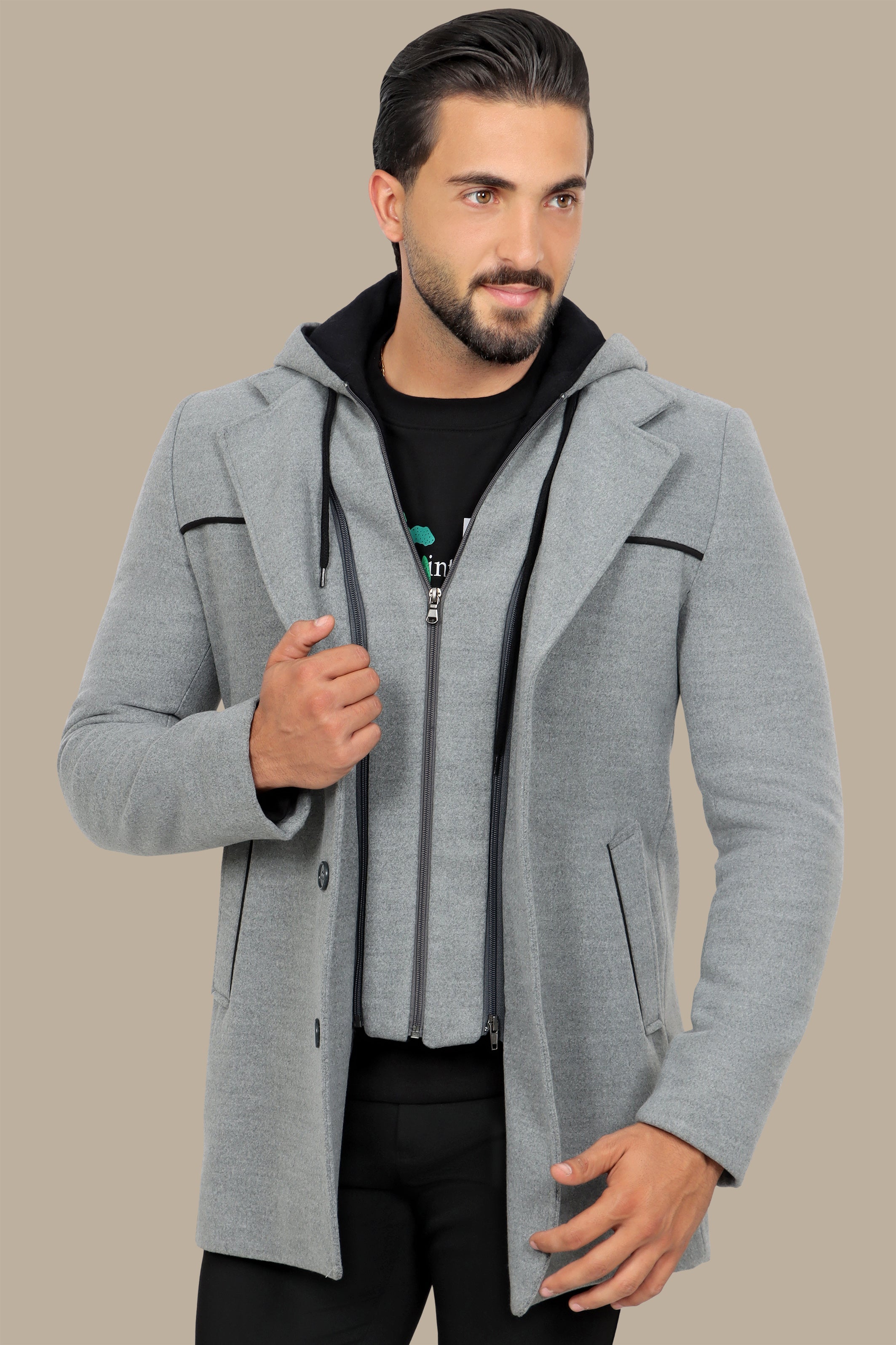 Light Grey Coat with Detachable Hoodie