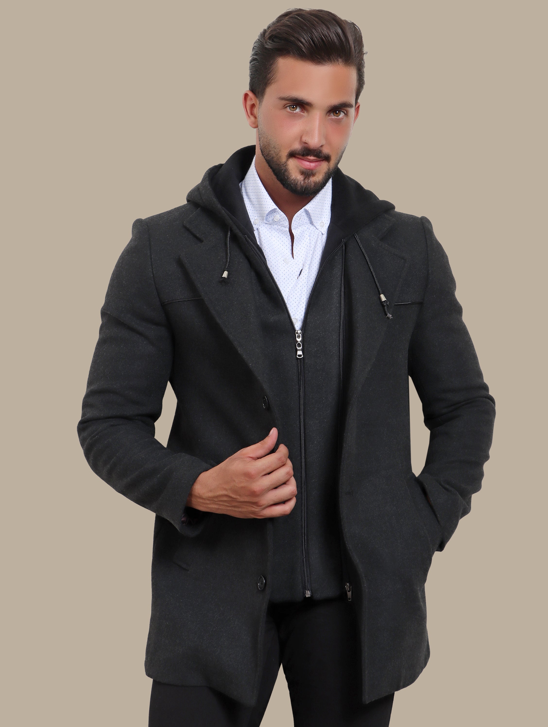 Dark Grey Coat with Detachable Hoodie